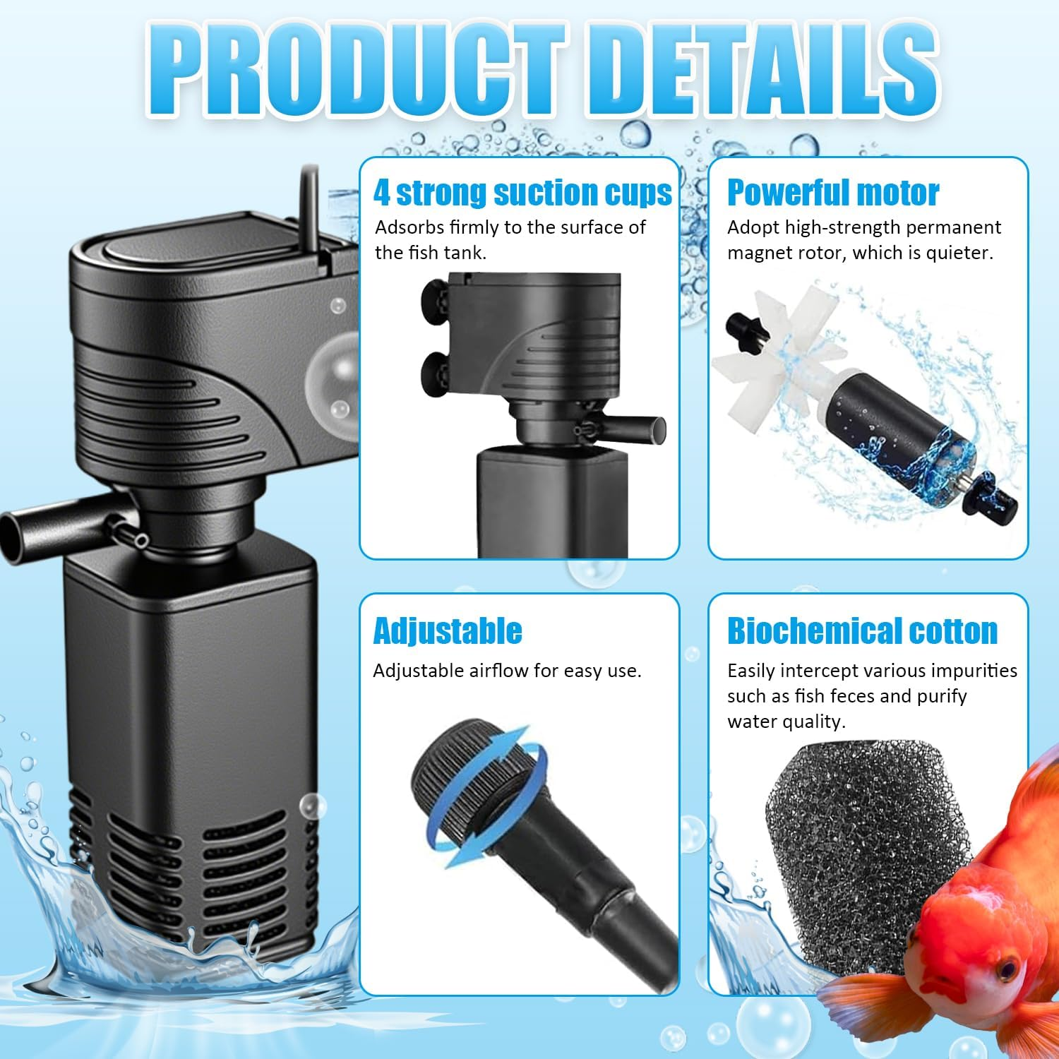 Submersible Fish Tank Filter, 12W Aquarium Filter with Water Pump, 800L/H Adjustable Internal Fish Tank Filter, for Aquarium Filtration, Oxygenation, Circulation image number 5