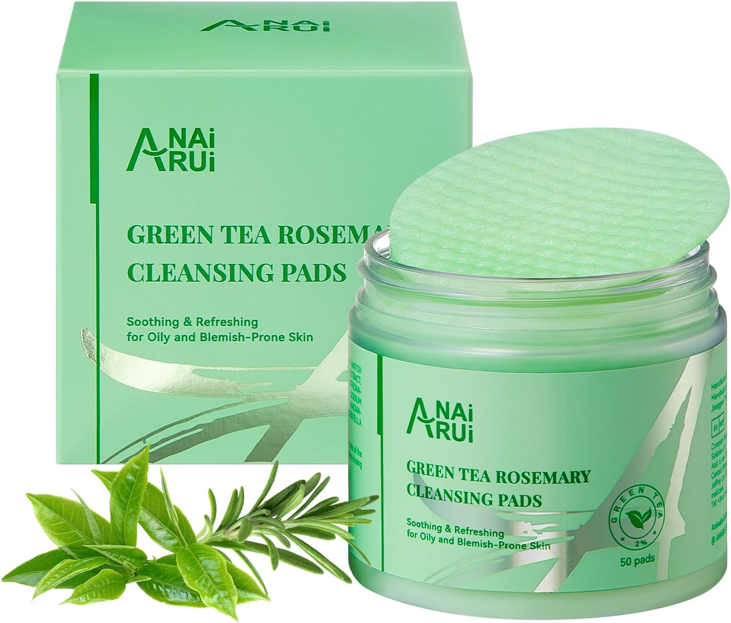ANAI RUI Green Tea Rosemary Cleansing Pads with Bubbles, Make-Up Remover Pads, Face Scrub Pad with Tea Tree Oil Centella, Exfoliating Deep Cleansing Pad for Face and Body, 50 PCS image number 3