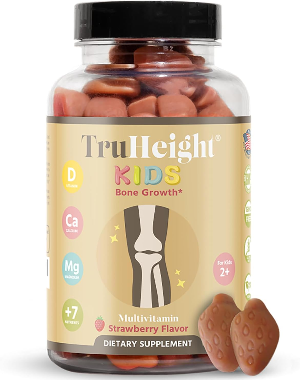 Truheight Kids Bone Growth Gummies (Strawberry, Ages 2+) All Natural Kids & Toddler Vitamins - Vitamin D, Calcium, K2, Magnesium Multivitamin - Natural Growth & Development, Builds Strong Bones, Vegan image number 2