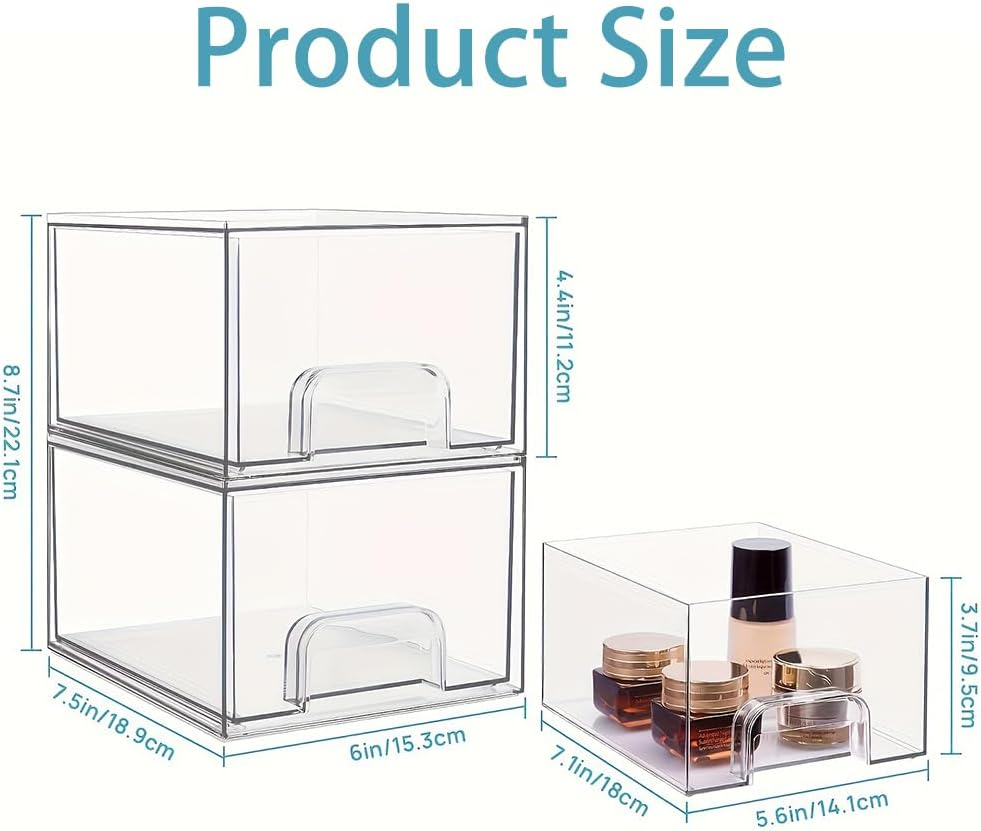 4-Pack Transparent Stackable Storage Boxes, Bathroom Cosmetic Storage Boxes, Drawer-Type Desktop Box, Dust-Proof, Large Capacity, for Dressing Tables, under Sinks, Kitchen Cabinets, Pantry, Home