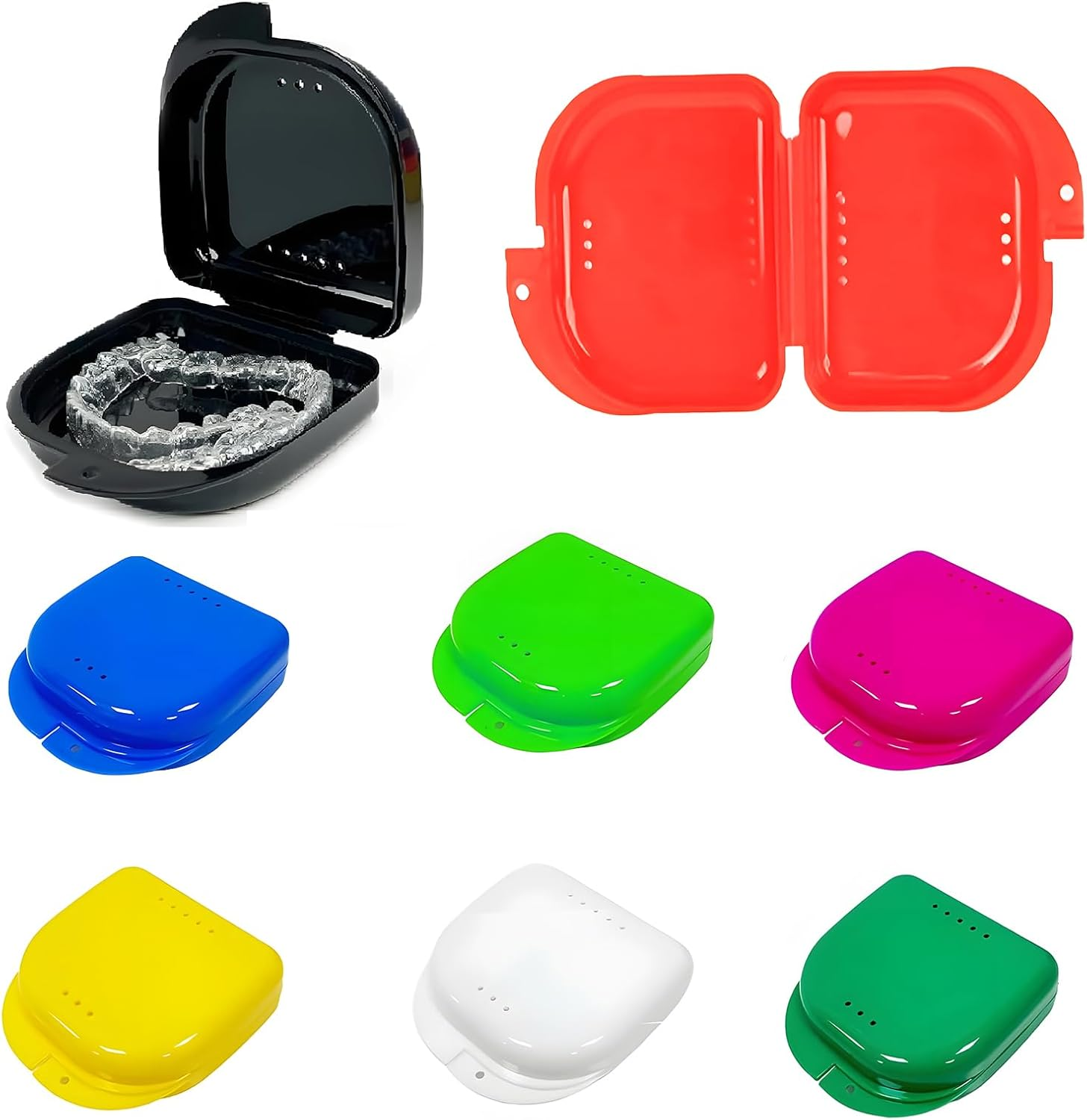 Retainer Case with Vent Holes, 8 Pcs Denture Case, Tight Snap Lock Orthodontic Mouth Guard Case，Red, Pink, Green, White, Yellow, Blue, Black, Purple，Easy to Use image number 1