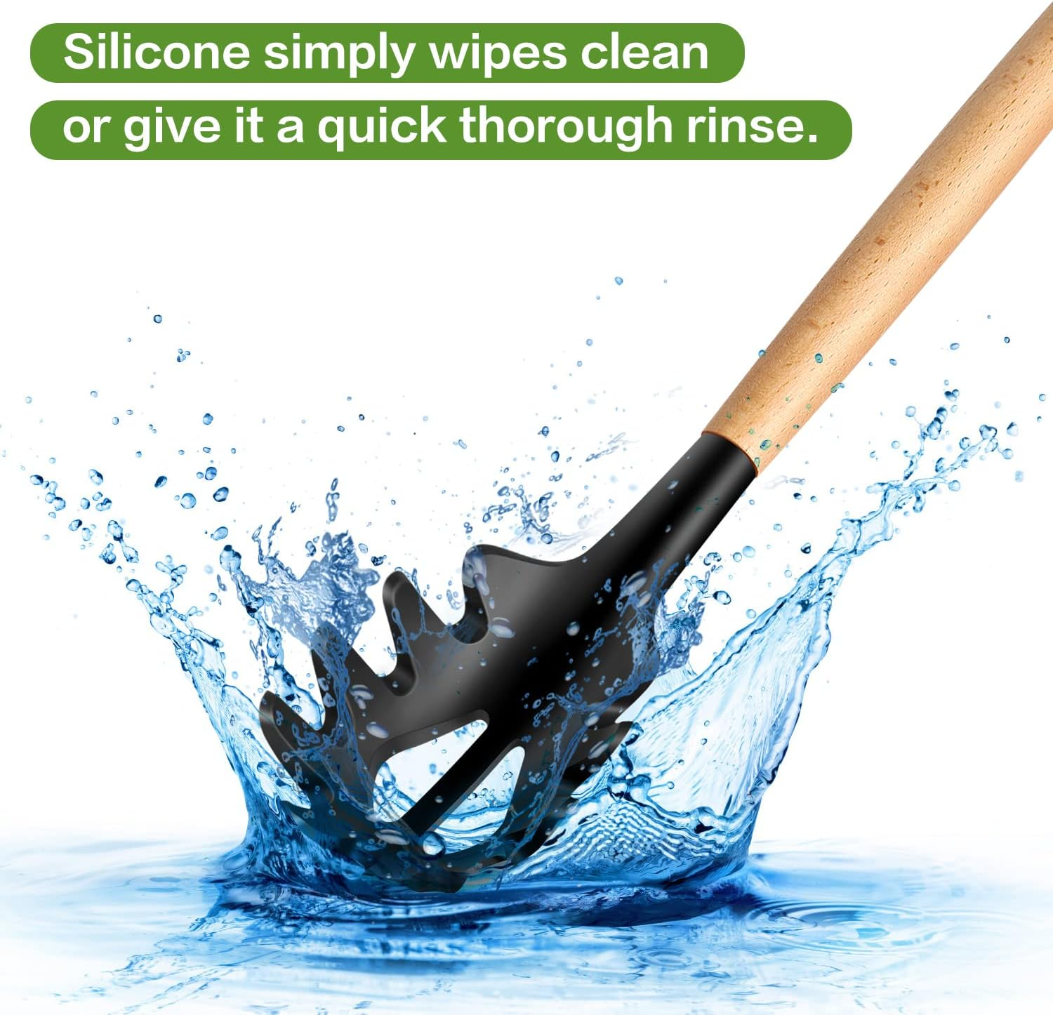 Lorisarm Wooden Handle Pasta Fork Spoon 12" Silicone Spaghetti Fork Food Grade Noodle Spoon, BPA Free, Spaghetti Spoons Strainer & Server Spoonss image number 2