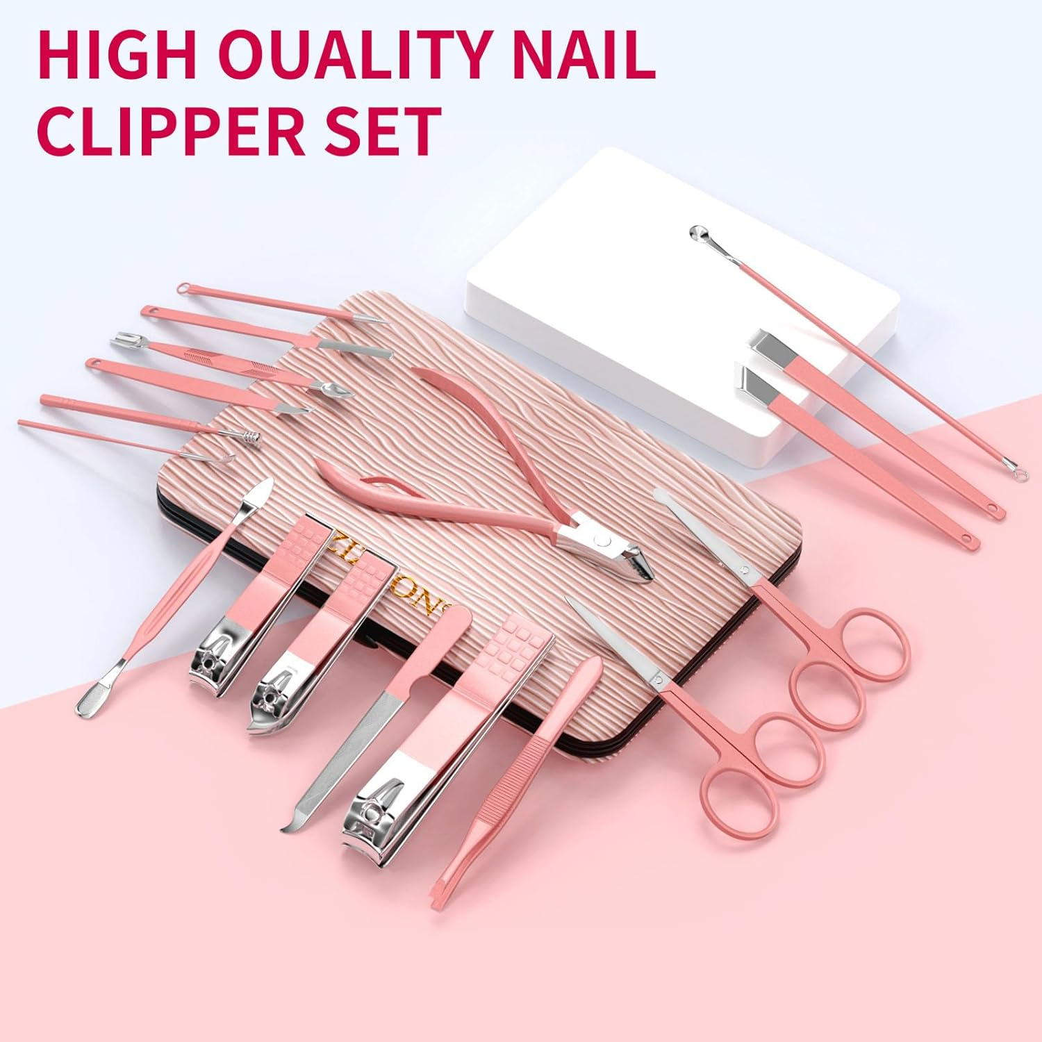 ZIZZON Manicure Set 18 in 1 Professional Pedicure Set Nail Scissors Grooming Kit with Leather Travel Case Pink image number 1