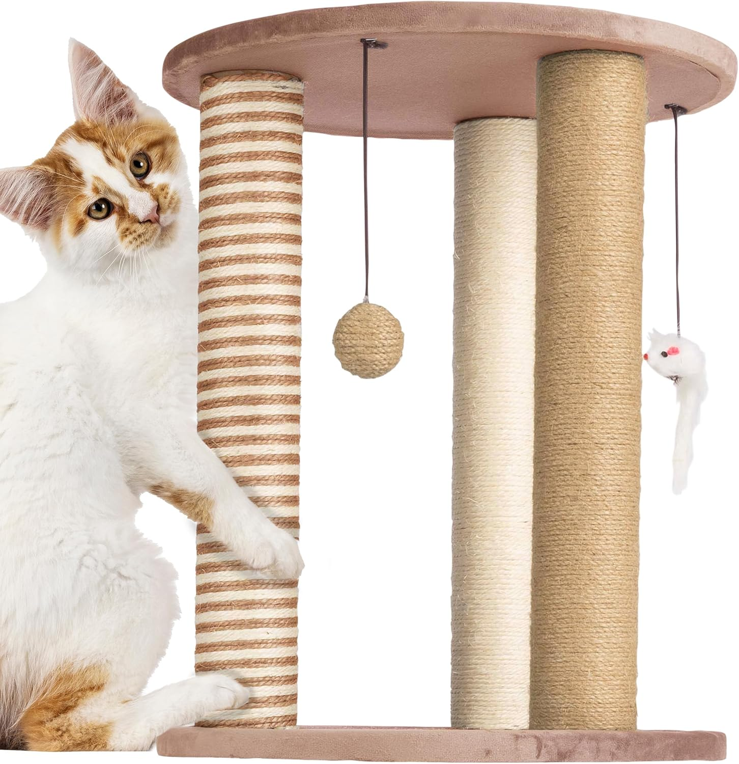 PETMAKER Cat Scratching Post - 3 Scratcher Posts with Carpeted Base Play Area and Perch - Furniture Scratching Deterrent for Indoor Cats by (Brown)