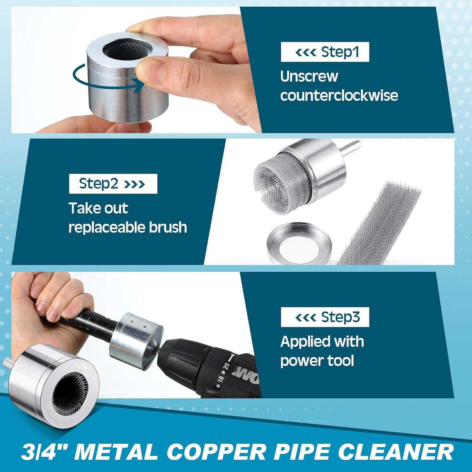 Tandefio 3/4" Metal Copper Pipe Cleaner with 2 Replaceable Brushes Tube Cleaning Brush for Power Drill for Professional Plumbers and Industrial Purposes