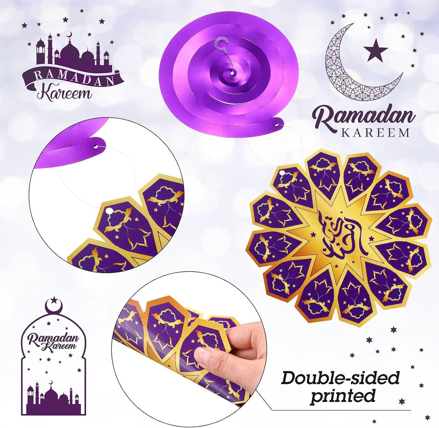 Zonon 30 Pieces Ramadan Mubarak Decorations, Eid Mubarak Hanging Swirl Shining Gold Star Moon Lantern Ceiling Foil Decor for Eid Al-Fitr Party Egyptian Holiday Supplies(Purple and Gold) - Gold, Blue image number 5