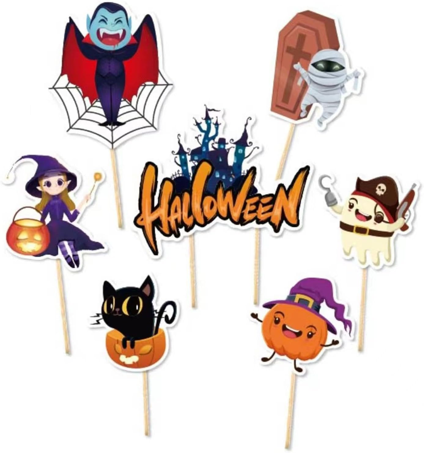 Halloween Cupcake Toppers | 7X Halloween Cupcake Picks | Castle, Zombie, Ghost, Witch, Black Cat, Vampire, Pumpkin Graveyard Tombstone Cupcake Toppers for Horror Party image number 6
