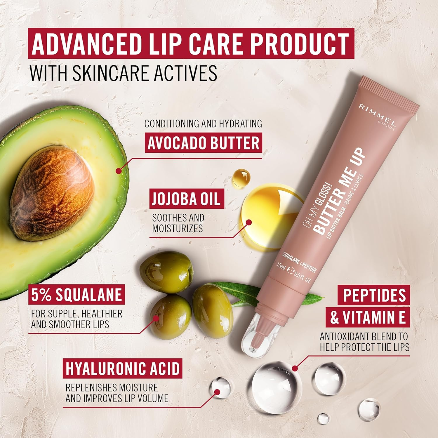 Rimmel London Oh My Gloss Butter Me up Lip Butter Balm 006 Coral Breeze, Hydrating Lip Balm, Tinted Lip Balm, Lip Care, Hydration, Nourishing, Squalene, 15Ml (0.53Oz) image number 1