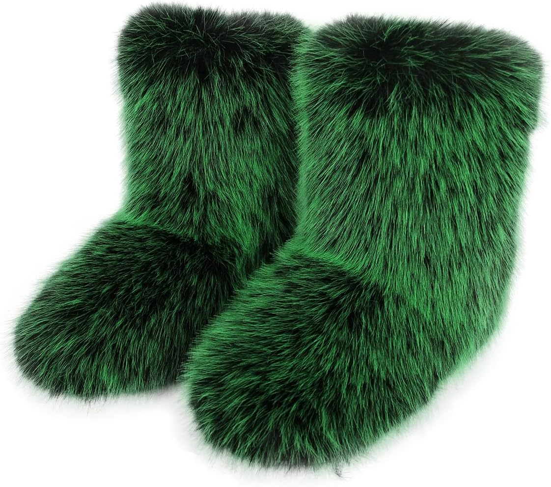 Eosxrp Furry Faux Fur Boots Women'S Winter Shoes Woman Fluffy Warm Snow Boots Mid-Calf Comfortable Outdoor Flat