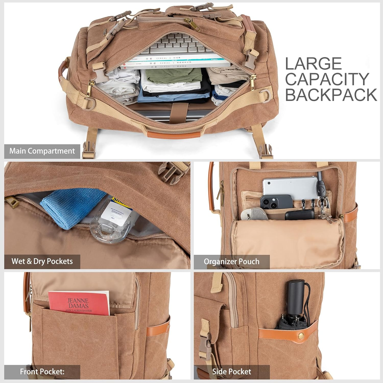 Tzowla Canvas Travel Backpack Carry on Flight Approved,Large Vintage Messenger Bag,3-In-1 Convertible Backpacks Duffel Bag,Personal Ltem Laptop Rucksack for Men and Women Fit 17 Inch Laptop image number 6