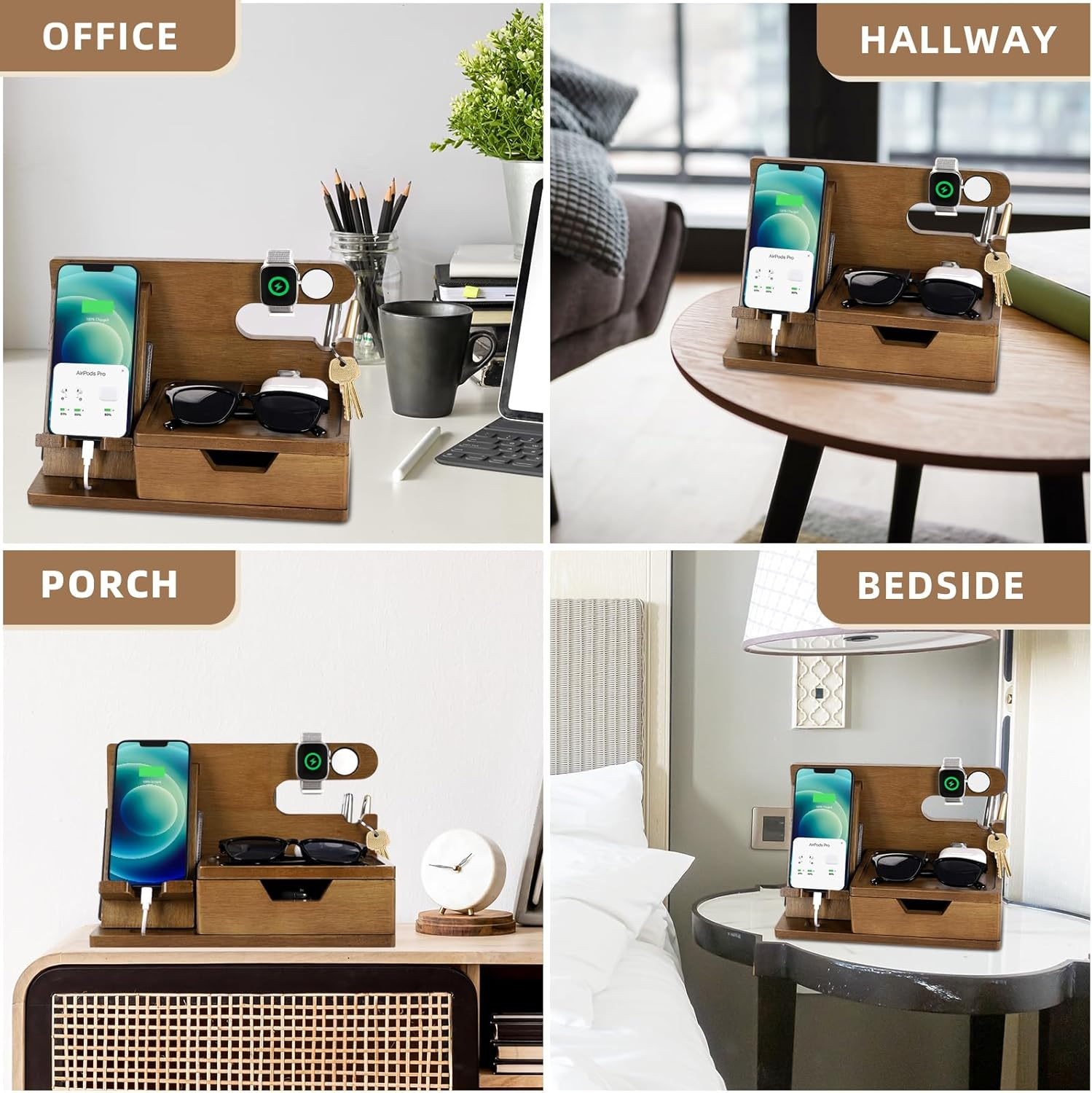 Fathers Day Dad Gifts from Daughter Son Wife, Wood Phone Docking Station with Drawer, Birthday Anniversary Men Him Husband Boyfriend Gifts from Girlfriend, Mens Nightstand Organizer Presents Ideas image number 1