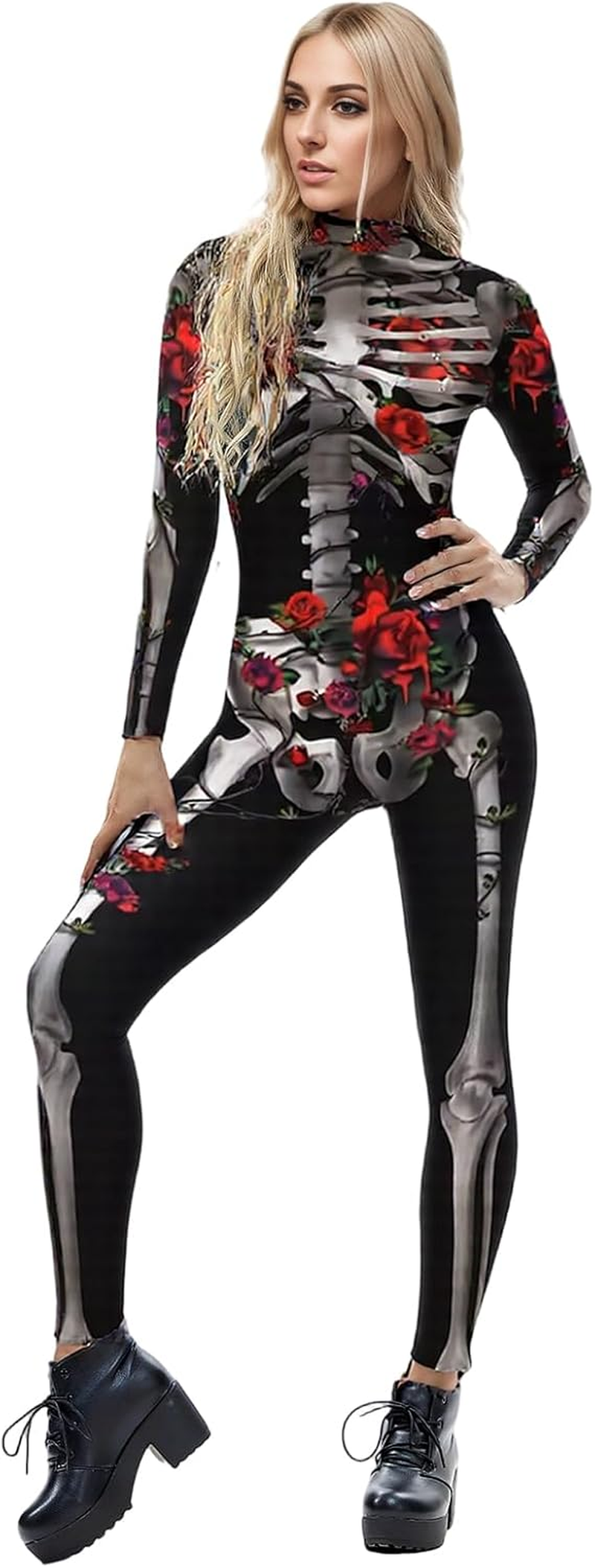 Halloween Skeleton Jumpsuit, Rose Flower Skeleton Jumpsuit image number 4