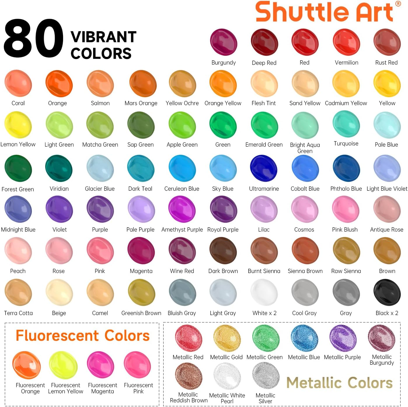 Shuttle Art 80 Pack Acrylic Paints Set, 78 Colours Acrylic Paint (2Oz,60Ml) with Extra White Black Piants & 12 Brushes, Rich Pigmented, Water Proof for Artists, Beginners on Canvas Rock Wood Ceramic - 60 Colours image number 4