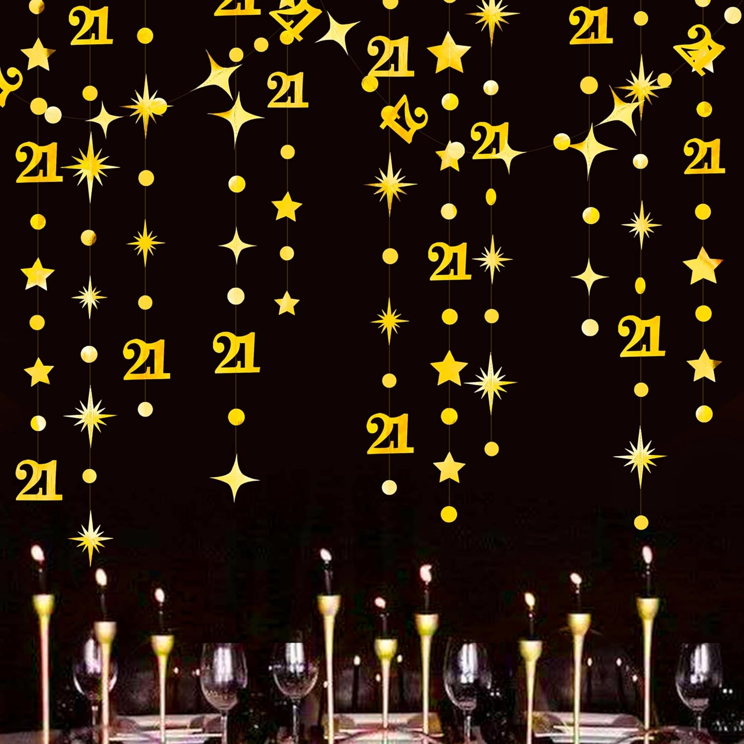 Gold 21St Circle Dot Star Streamer Garland Metallic Gold Paper 21 Sign Hanging Bunting Banner for Boys Girls Finally Legal Twenty One Birthday Happy 21 Years Old 21St Anniversary Party Decorations