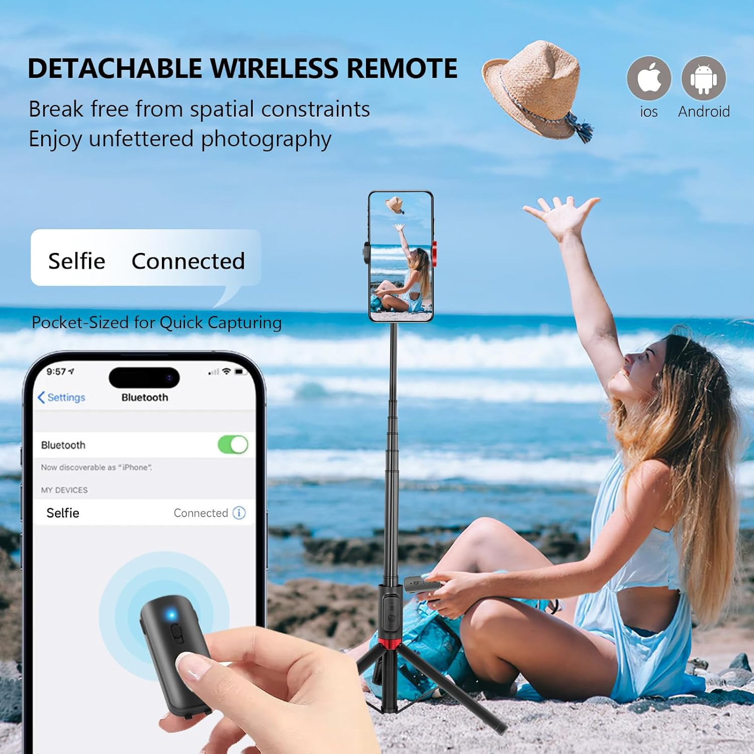 Wireless Selfie Stick, 43" Tripod Stand and Detachable Wireless Remote, Support Video Record, 360&deg; Adjustable Extendable Monopod for Iphone 17/16/15/14 Pro Max, Galaxy Series Phone Video Recording image number 6