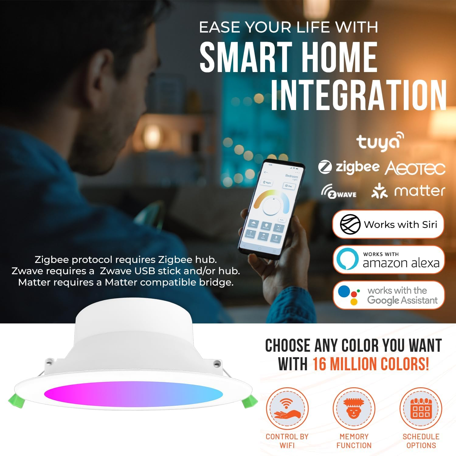 Zigbee (Hub Required) Homekit RGB+CW 10W Smart Downlight - Certified SAA/RCM - Illuminate Your Space with Smart, Voice Control, High Lumen Output, Easy Installation.