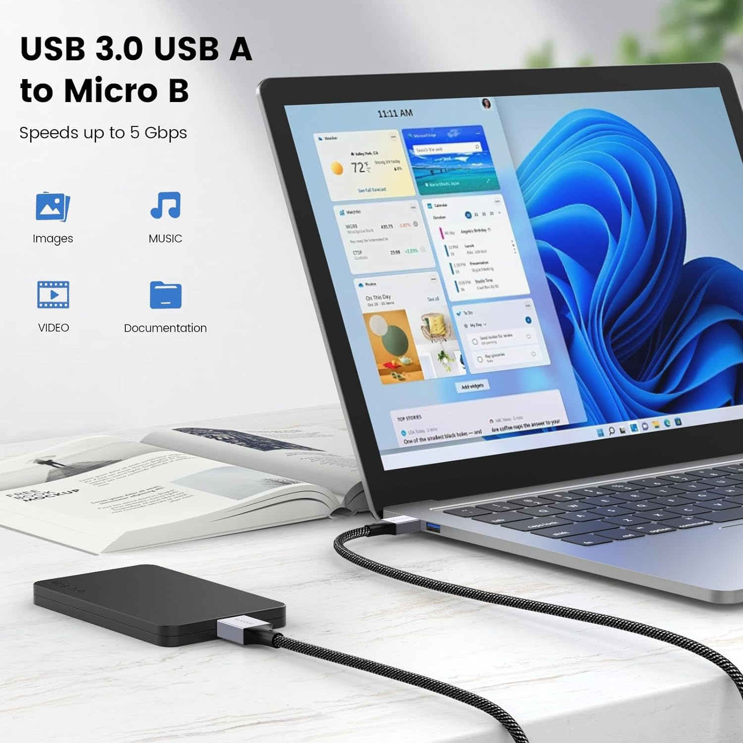 MOGOOD Hard Drive Cable 1M, Micro B to USB Male Data Cable, USB3.0 to Micro B Cable Compatible with Portable External Hard Drives,Wd Elements,Seagate Expansion,Samsung M3 1Tb/Galaxy S5/Note 3-Grey image number 5