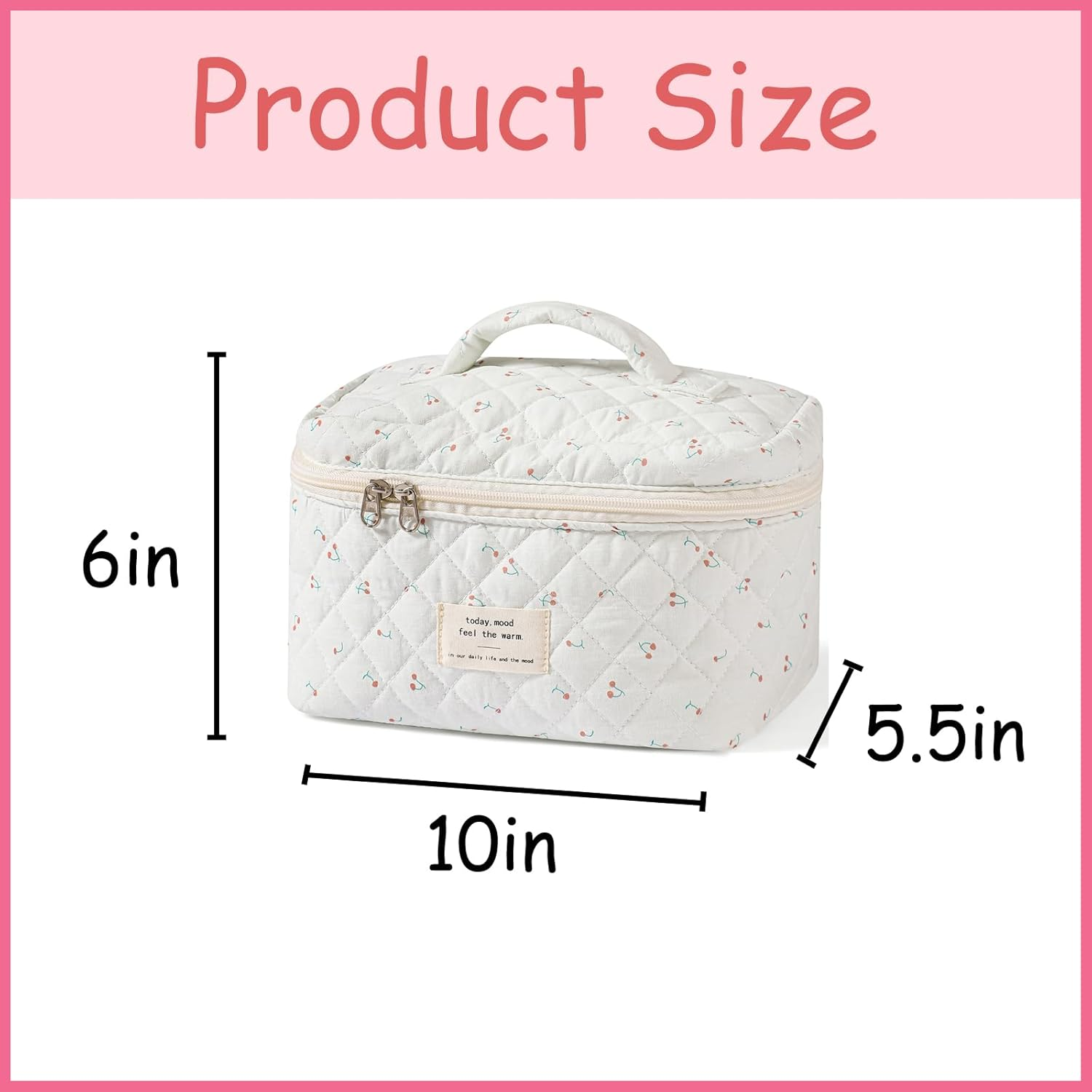 Uekeboag Large Travel Quilted Makeup Bag for Women, Floral Cotton Cosmetic Bag, Coquette Aesthetic Floral Toiletry Organizer Bag, White-Cherry, Floral Cotton - 03White-Bear image number 4