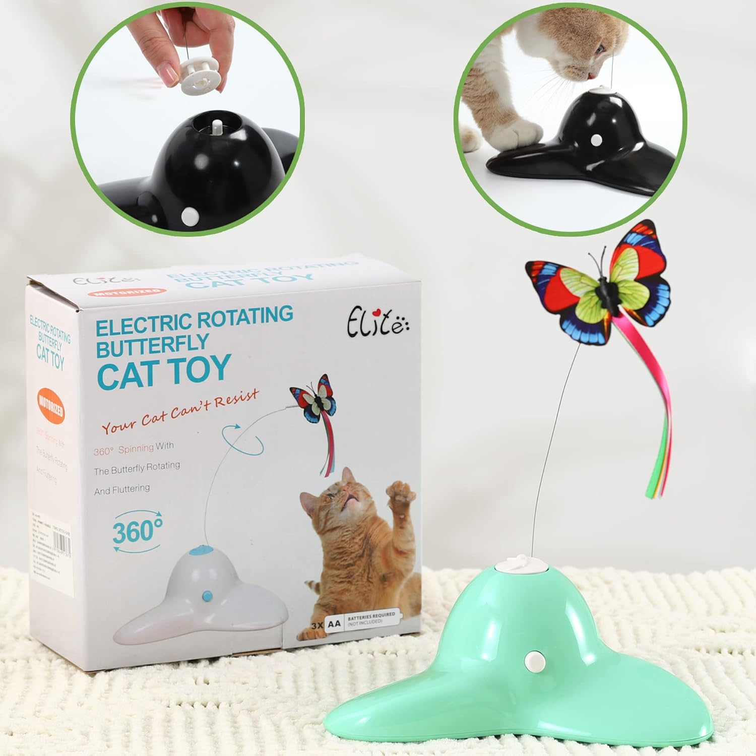 Vealind Interactive Cat Electric Cat Toy with 360&deg; Rotating Butterfly, Green image number 3