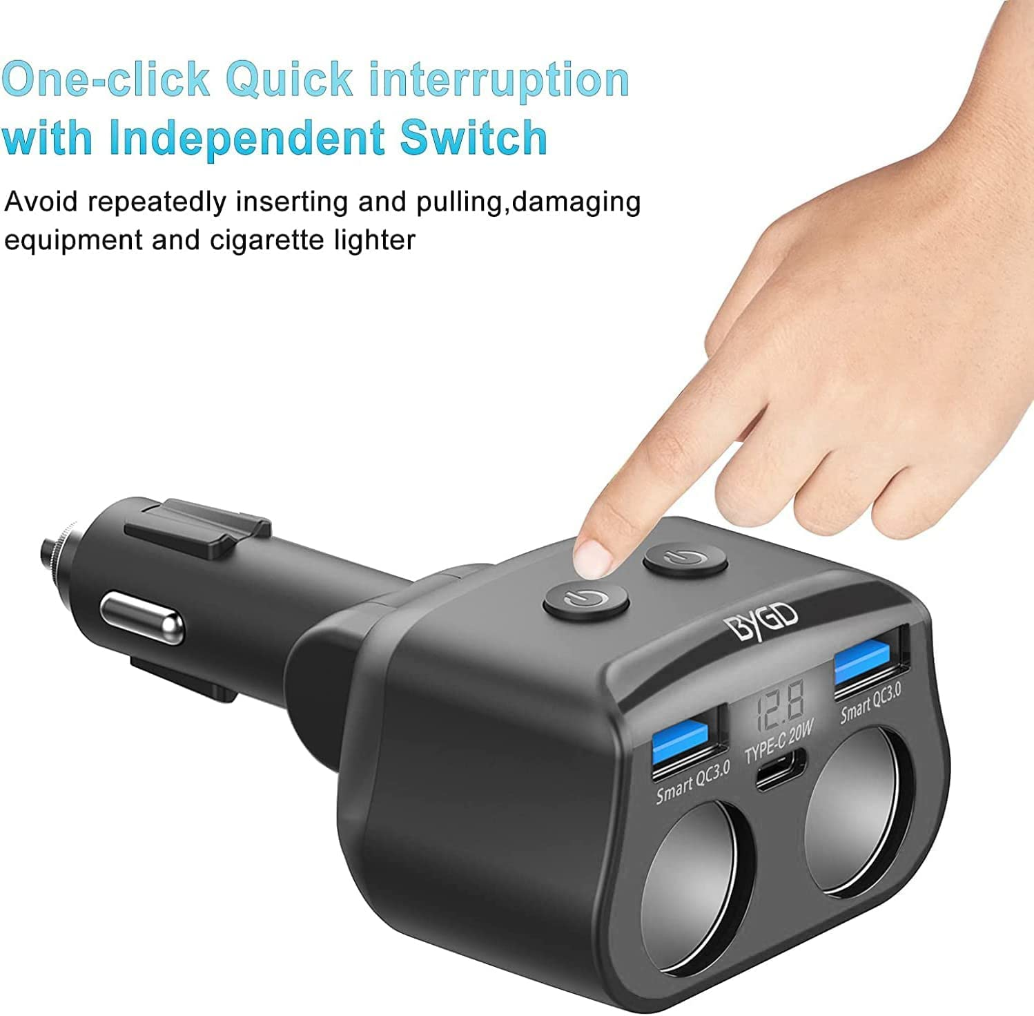 Car Cigarette Lighter Adapter, 12V/24V 2-Socket Power Cigarette Lighter Splitter with Dual USB Ports Multifunction Car Charger Adapter Independent On/Off Switches and LED Voltage Display(Black) image number 6