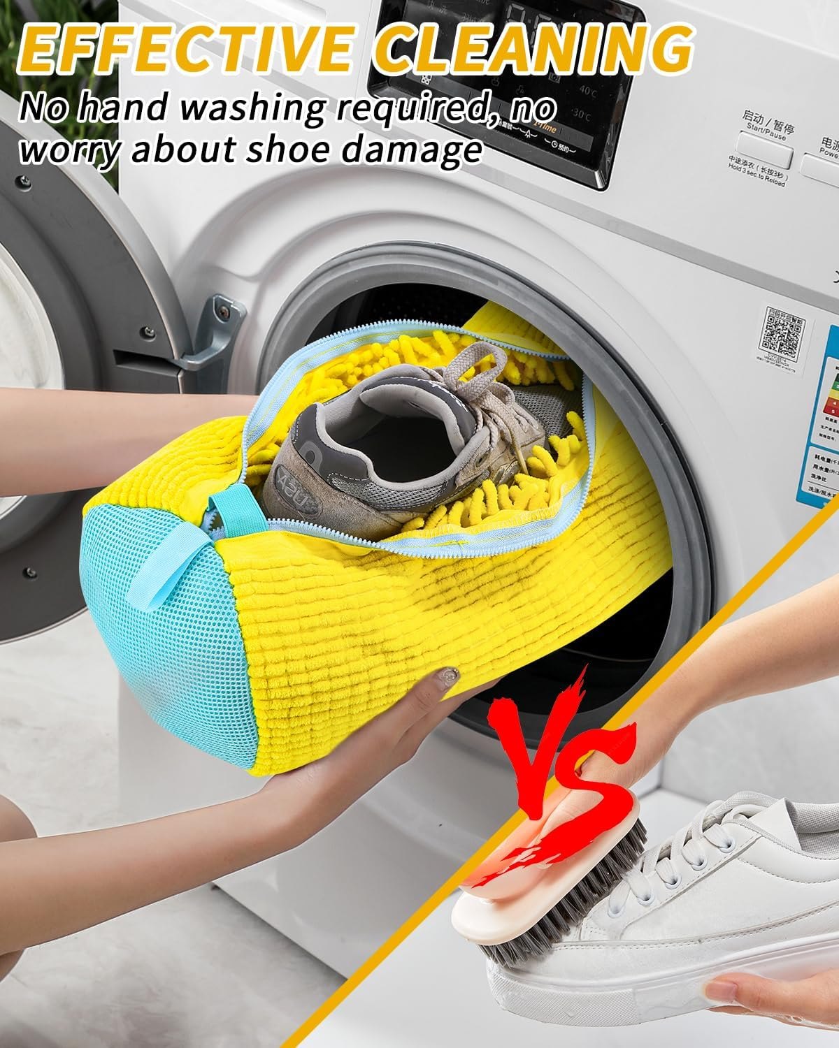 Bixury Shoe Wash Bag, Washing Machine, Shoe Bag, Washing Machine, Pack of 2, Multi Laundry Bag Shoes with 360&deg; Cleaning Fluff, Self-Cleaning Shoes, Washing Bag for Washing Machine and Dryer (Yellow) image number 5