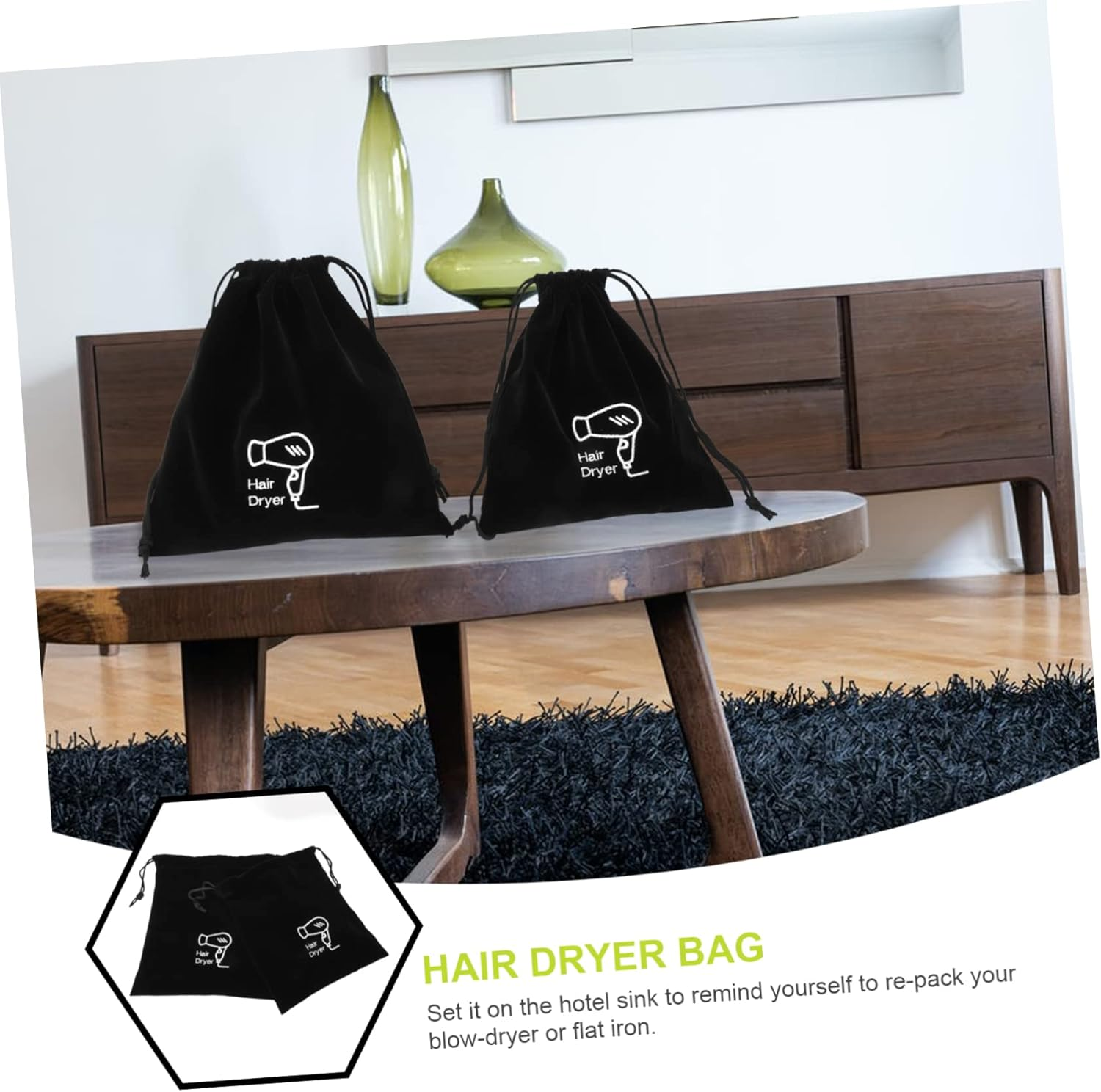 Outanaya 2Pcs Hair Dryer Storage Bag Black Drawstring Pouch Multifunctional Organizer for Travel Home Hotel Use Dustproof Velvet image number 6
