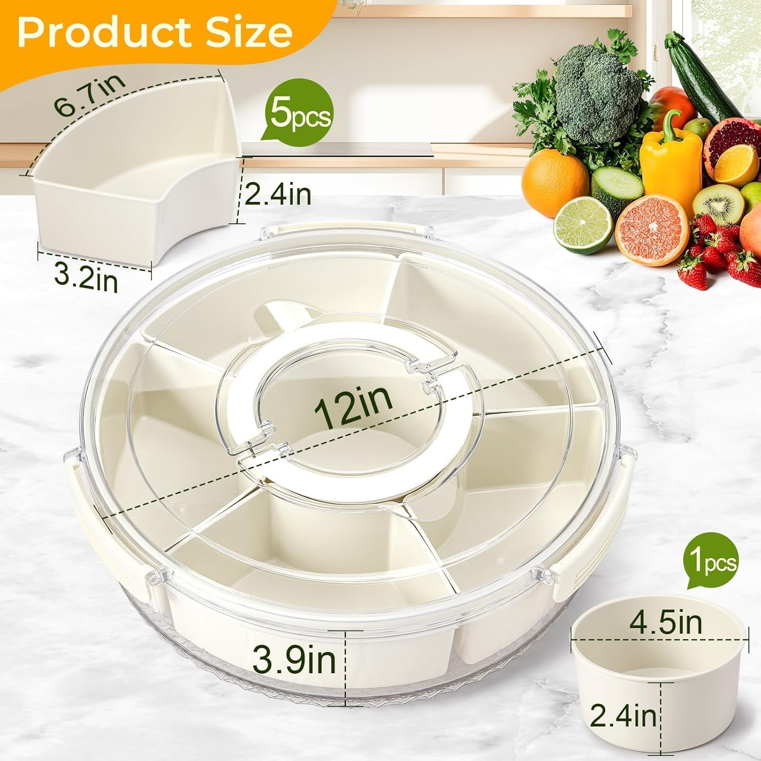 12In Divided Serving Tray with Lid and Handle, 360&deg; Rotation Large Snack Box Container, Multi-Purpose Veggie Tray, Snack Tray, Fruit Trays for Party Home Travel