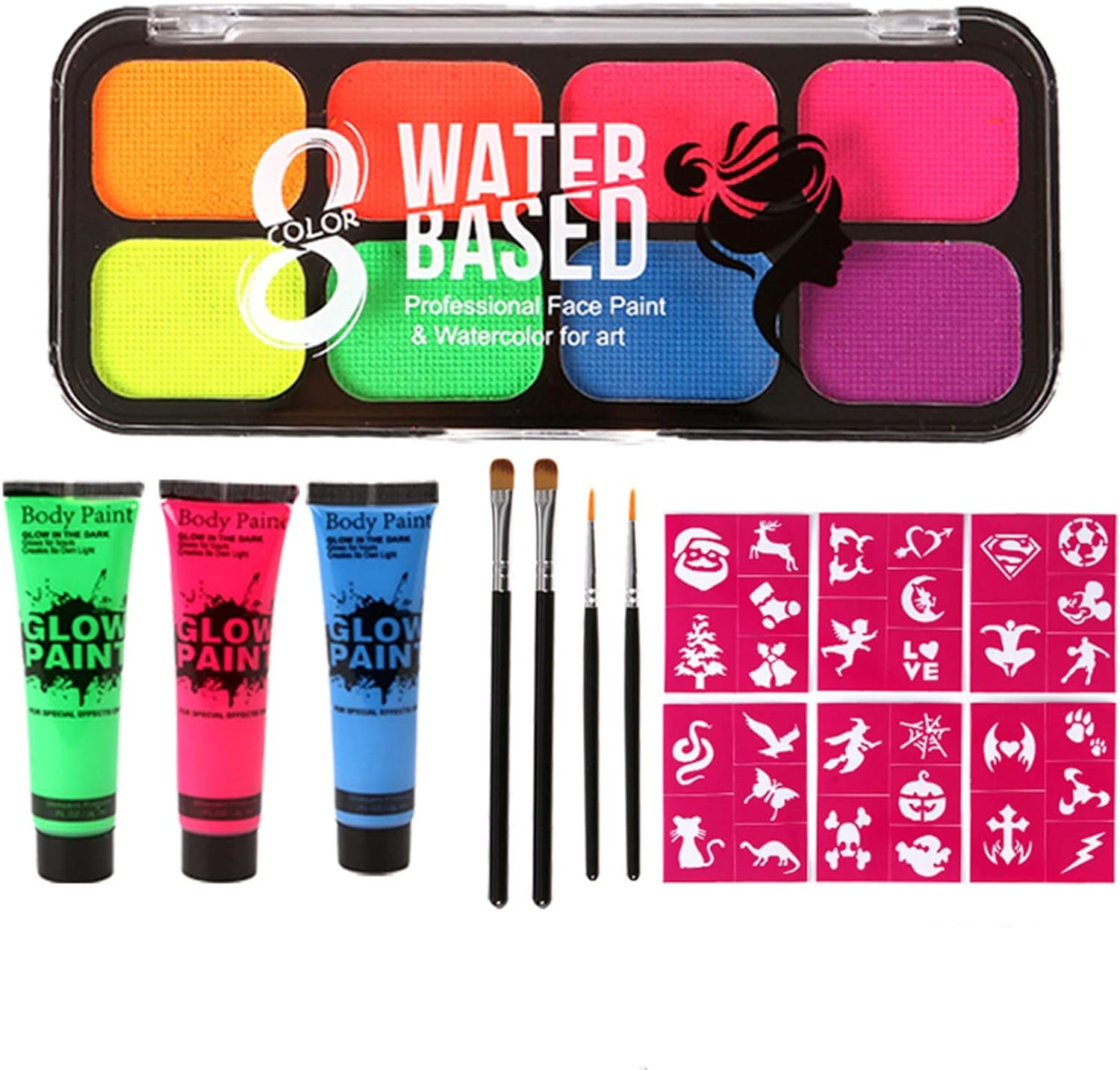 Roseflower 8 Colours UV Blacklight Neon Fluorescent Body Face Paint, 3Pcs Art Paint ,Glow in Dark Face Body Paint, Professional Non-Toxic Makeup Pallet Halloween FX Party Artist Fancy Adult Painting
