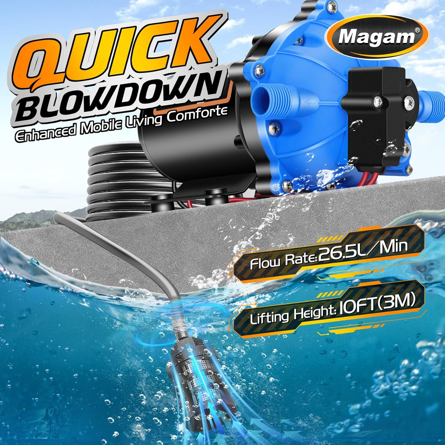 Upgraded 12 Volt Water Pump, 7GPM 70PSI, Five Chamber Self-Priming Diaphragm 12V DC RV Fresh Pump with Heavy Duty Pressure Switch & Strainer for Marine, Yacht, Caravan, Camper image number 1