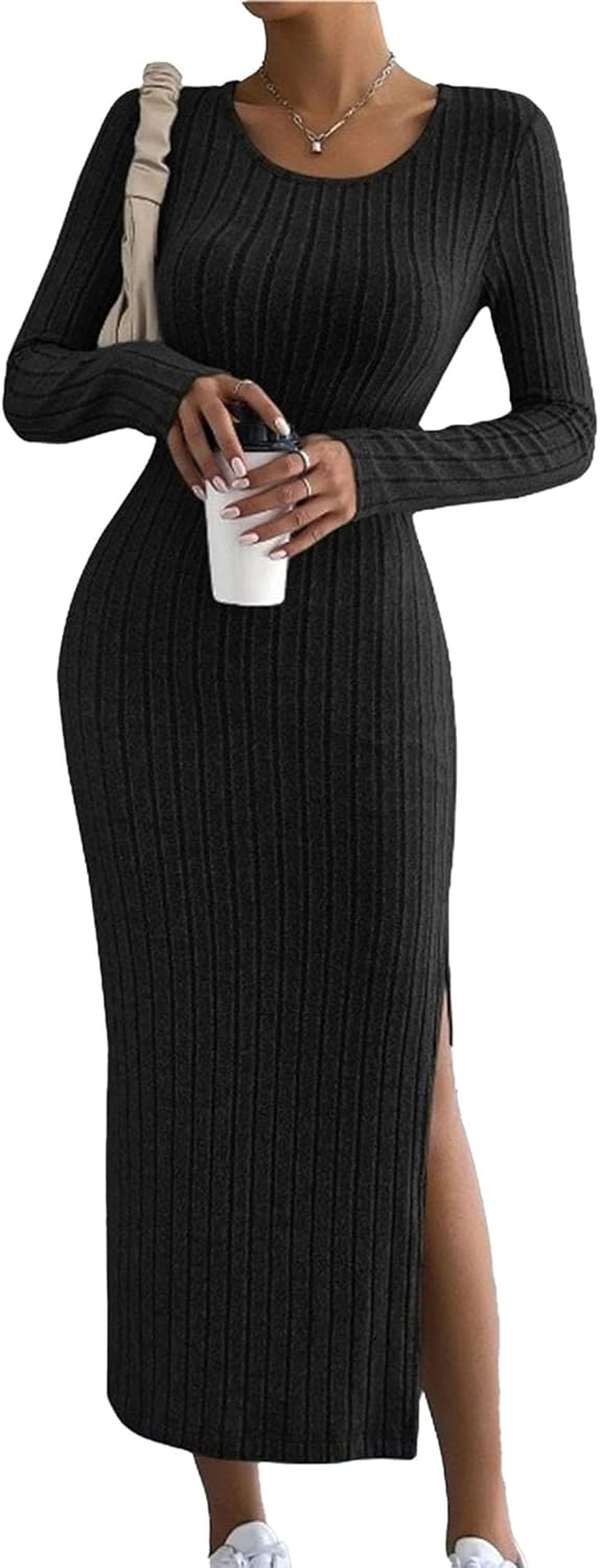 Women'S Long Sleeve Party Long Dress round Neck Split Thigh Rib Pullover Bodycon Solid Color Maternity Dresses