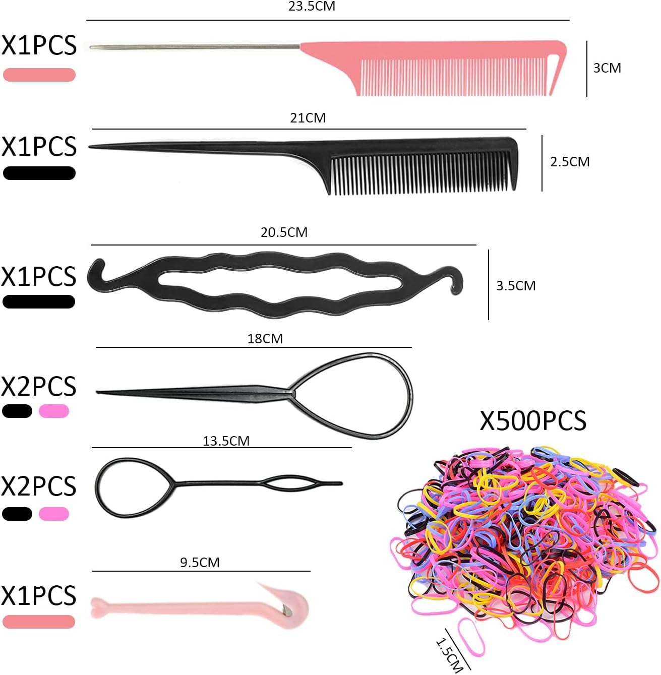 2 Sets Hair Braiding Tool with 500 Pieces Small Rubber Rings Tail Hair Braid Accessories Curling Iron Suitable for Women Girls (Pink, Black) image number 4
