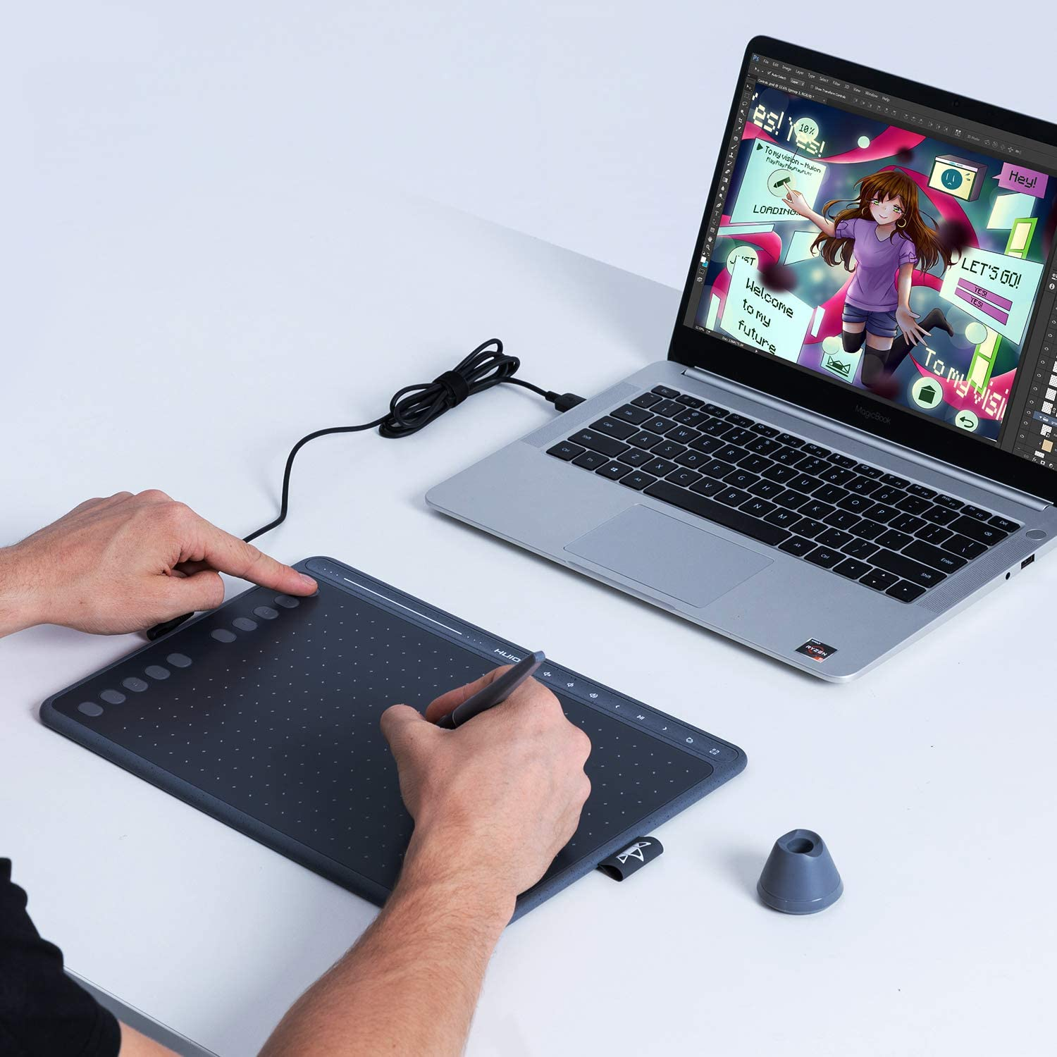 HUION HS611 Graphics Drawing Tablet 10X6 Inch with 8192 Levels Battery-Free Pen, 8 Multimedia Keys and 10 Press Keys, Support Android, Ideal Use for Distance Education and Wed Conference (Blue) image number 1