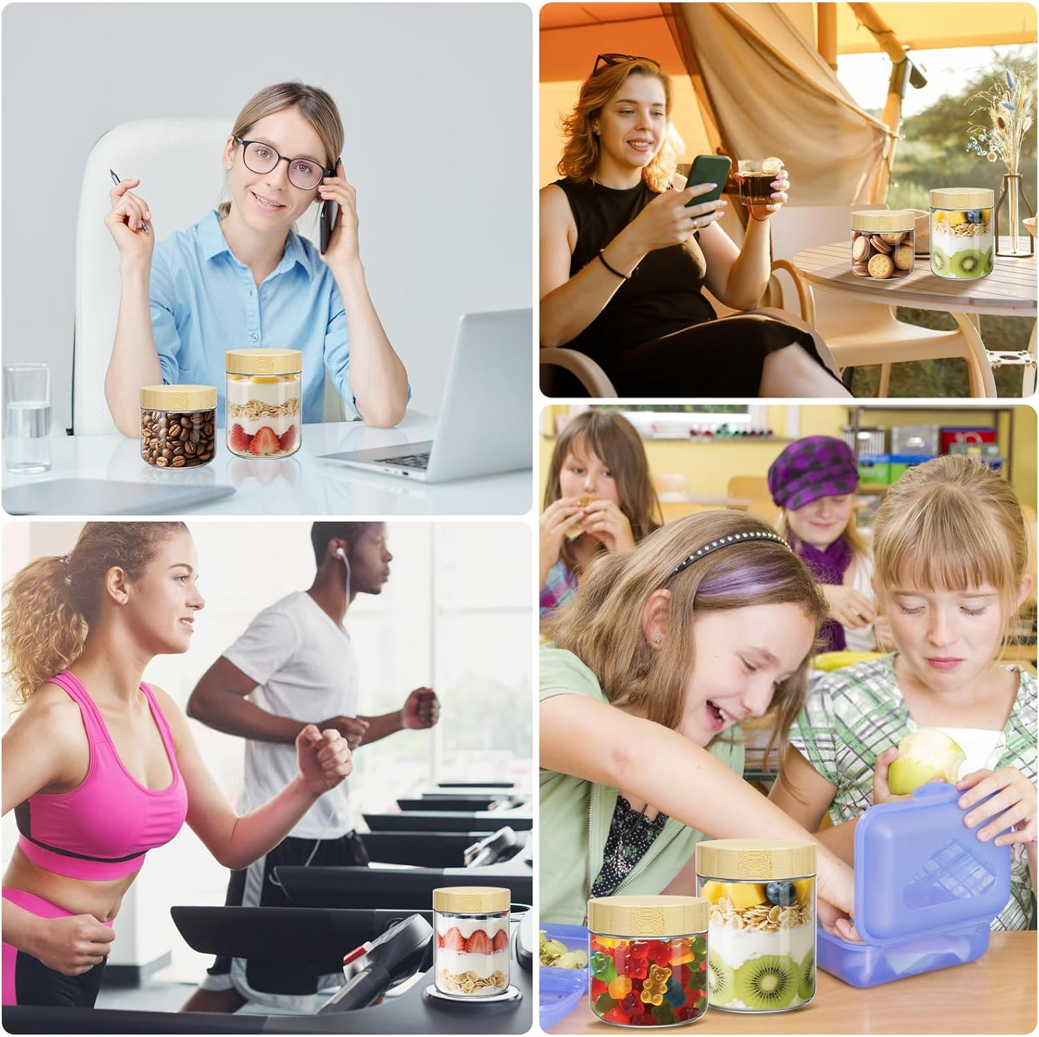 UHAPEER 10 & 16 Oz Overnight Oats Containers with Bamboo Lids 6 Pack: Airtight Glass Storage Jars Wide Mouth Mason Jars for Breakfast Meal Prep Salad Chia Puddirg Snacks Yogurt Sugar Spice Cereal image number 5