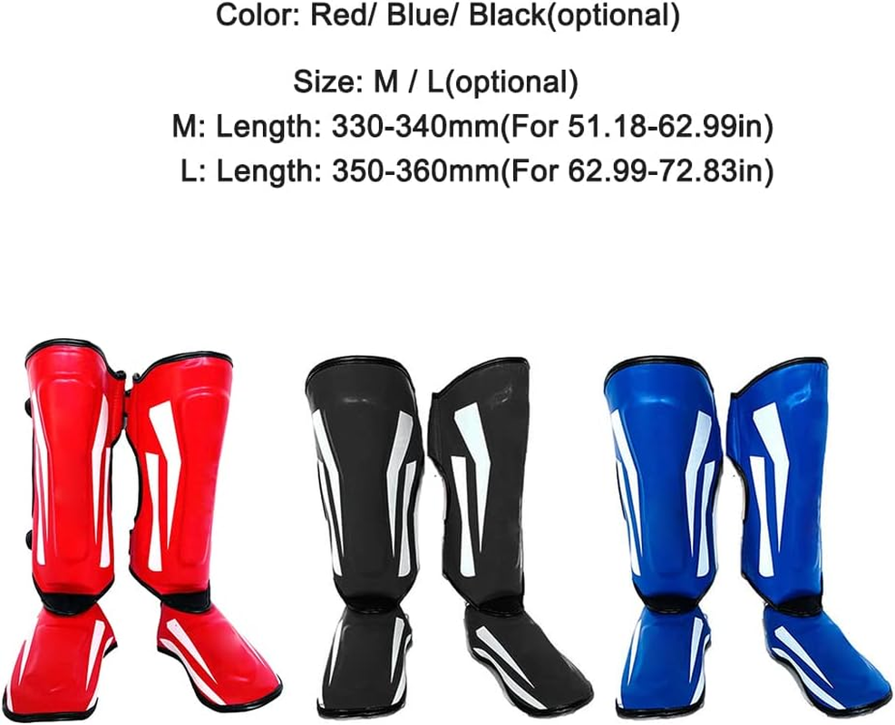 Martial Arts Shin Guards PU Leather Leg Foot Protector Thicken Protective Pads for Kickboxing MMA Training Sparring Equipment Red M