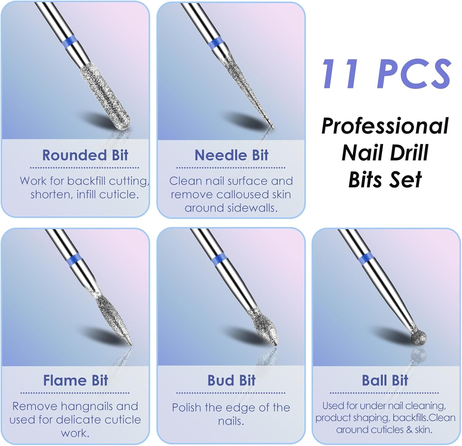Depvko 11 X Nail Drill Bits Set, Drill Bits for Nails, 2 X Tungsten Carbide Drill Bits + 3 X Ceramic Efile Nail Drill Bits + 5 X Diamond Bits + 1 X Brush, 3/32 Inch Cuticle Cutter Bit for Gel Nails image number 5
