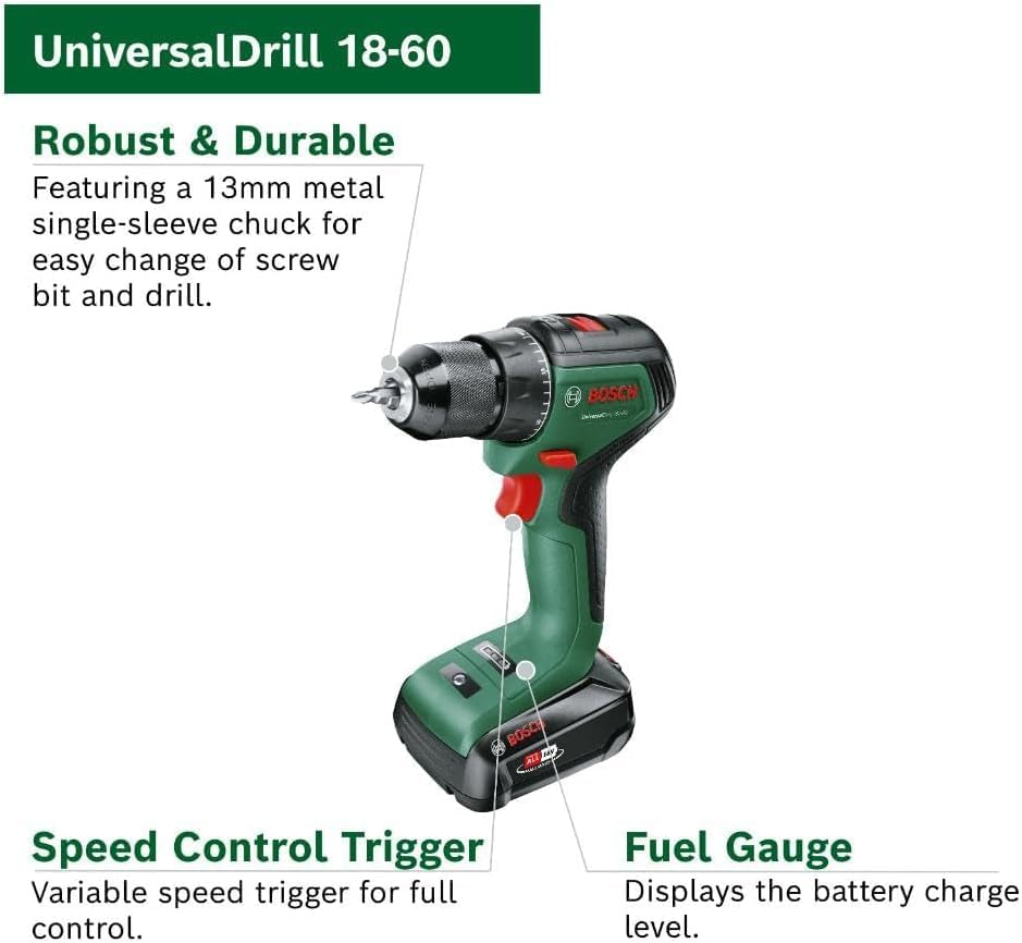 Bosch Home & Garden 18V Cordless Brushless Drill Driver with 2.5Ah Battery, Charger and Case, 2 Speed, 20 Torque Settings, 60Nm, 13Mm Metal Chuck (Universaldrill 18V-60). Made in Europe image number 3