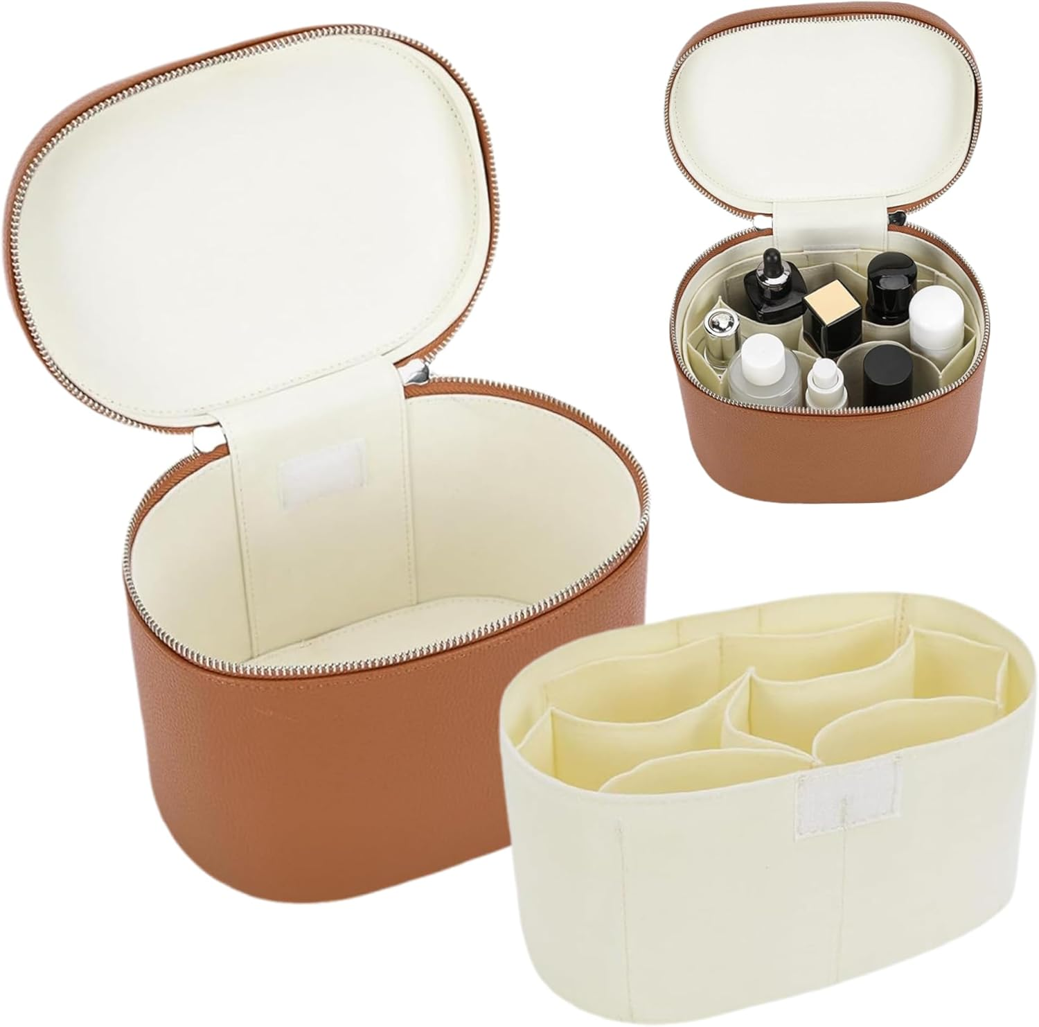 Makeup Bag, PU Leather Vanity Case with Removable Divider, Portable Cosmetic Bag with Handle and Zipper, Travel Makeup Case for Women, Vanity, with Dividers image number 6