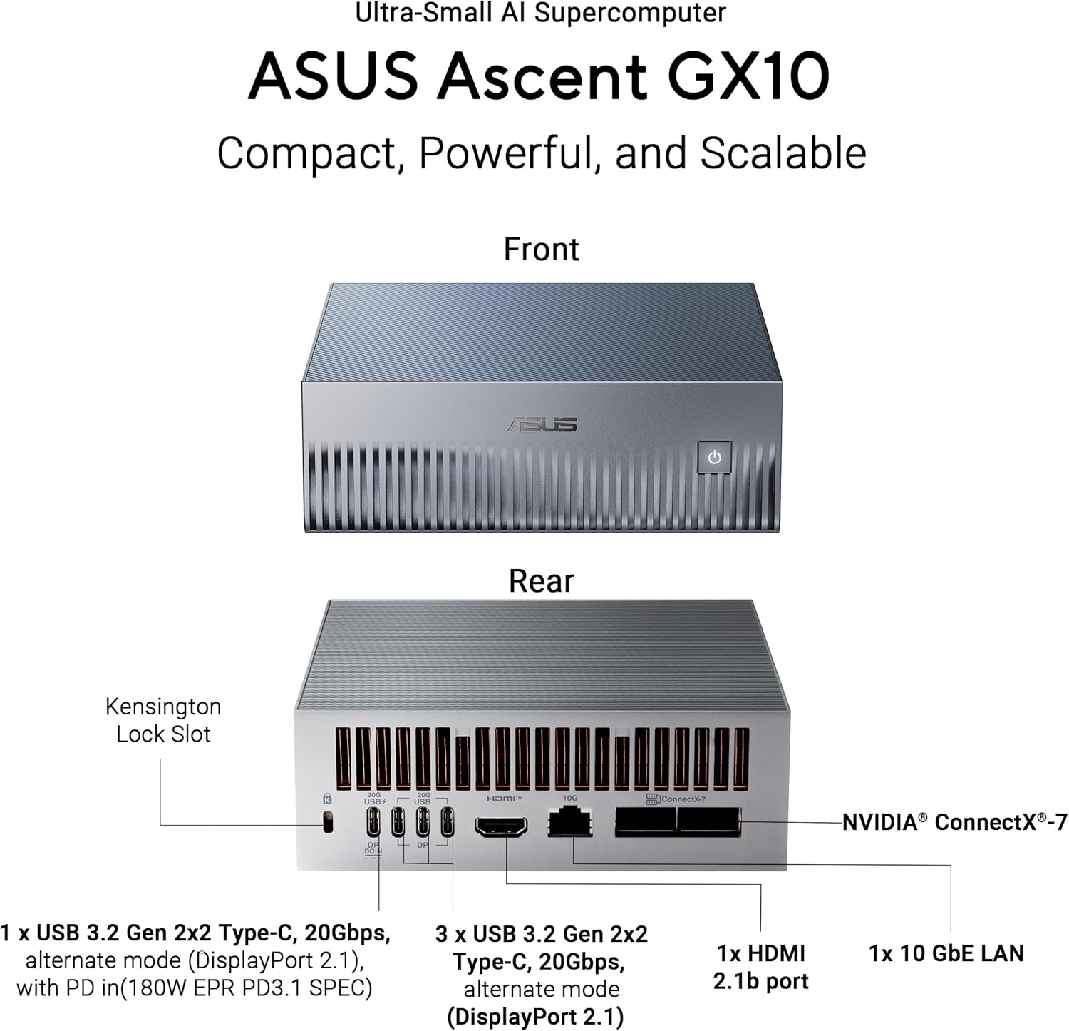 ASUS Ascent GX10 AI Supercomputer Mini PC, ARM V9.1-A CPU (GB10), 128GB LPDDR5X RAM, 1TB SSD, NVIDIA Blackwell Integrated GPU (GB10), 10Gbe LAN, Wifi 7, NVIDIA DGX OS image number 3
