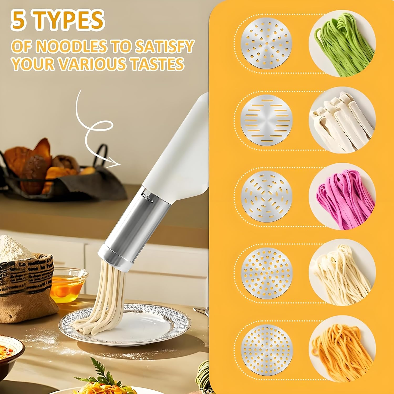 Electric Handheld Pasta Maker Machine Cordless Automatic Noodle Spaghetti Extruder with Dough Roller Press Mixer Attachment for Ramen Homemade Pasta Making DIY Homemade image number 3