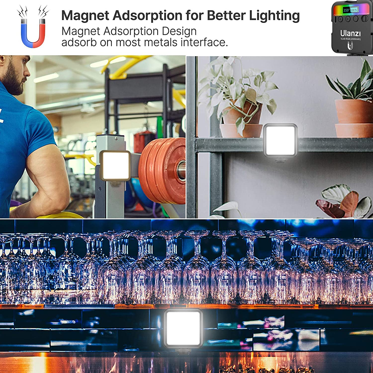 ULANZI VL49 RGB Video Lights, LED Camera Light 360&deg; Full Color Portable Photography Lighting W 3 Cold Shoe, 2000Mah Rechargeable CRI 95+ 2500-9000K Dimmable Panel Lamp Support Magnetic Attraction image number 4