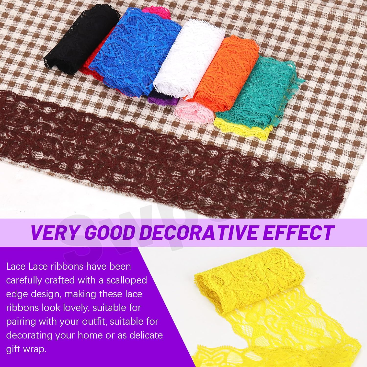 Swpeet 5 Yard by 3.15" Wide Yellow Lace Fabric Stretch Elastic, Trim Lace Ribbon, Elastic Sewing Trim Ribbon for Garment, Headbands, Wedding Bouquet Making DIY Crafts image number 4