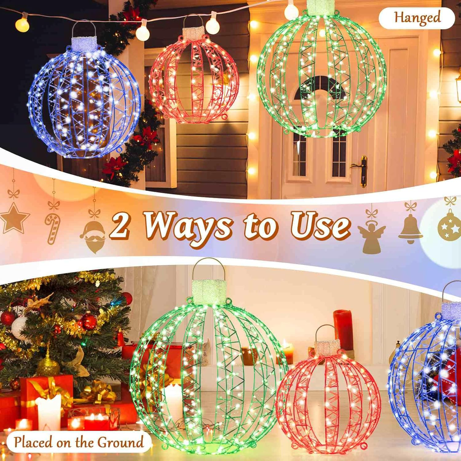 Costway 3 Pack Christmas Light Balls, Christmas Decoration Light Balls W/ 360 Led Lights & Metal Frame & Plug In, Lighted Sphere Balls for Outdoor Indoor Party Yard Lawn Tree Garden Decorations image number 1