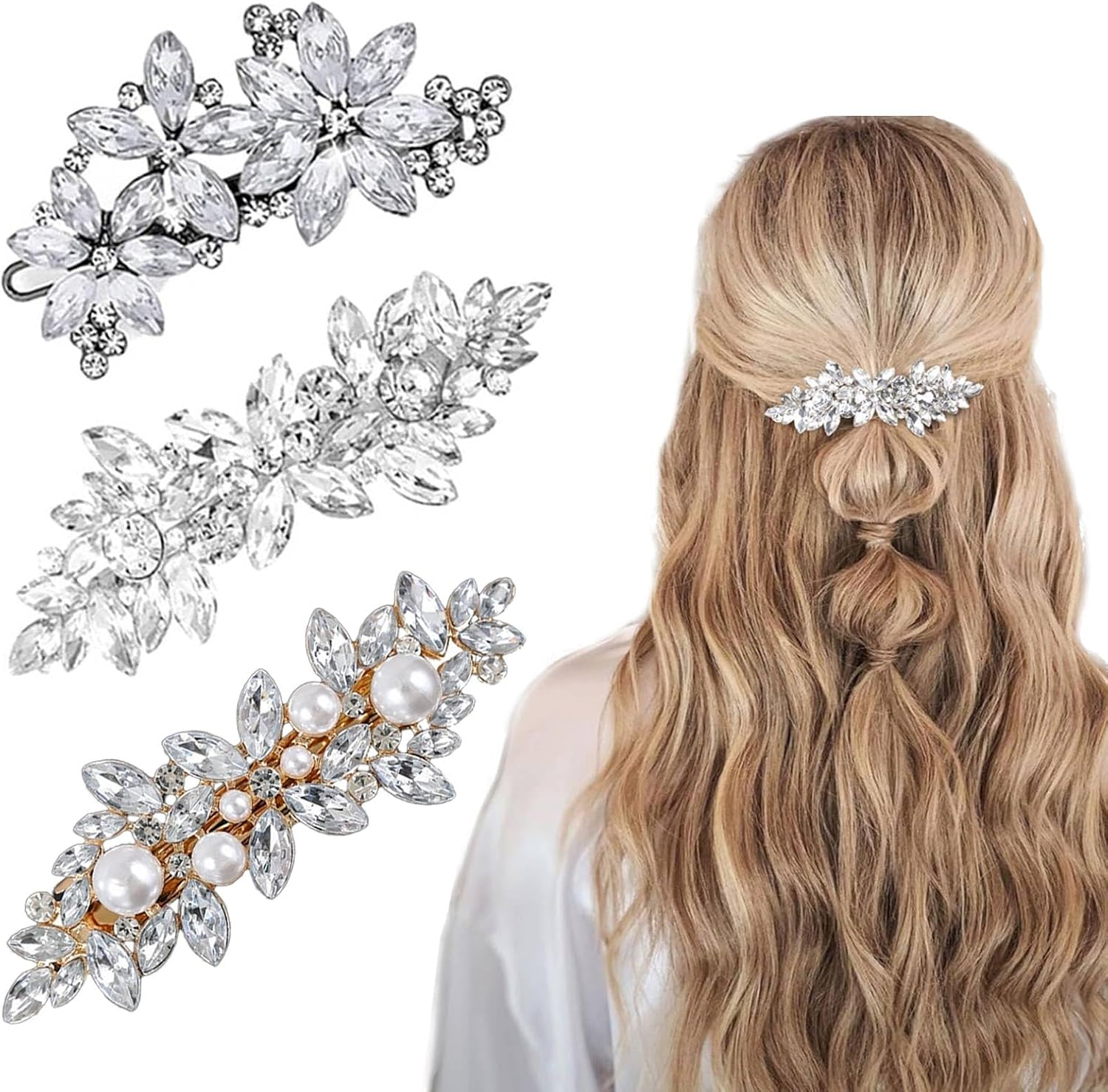 YUBBYSTU 3 Pcs Rhinestone Hair Clips, Pearl Hair Clip Flower Hair Barrettes Leaf Bridal Pins Crystal Decorative Headwear Accessories with Spring Clips for Women Girls Bridesmaid