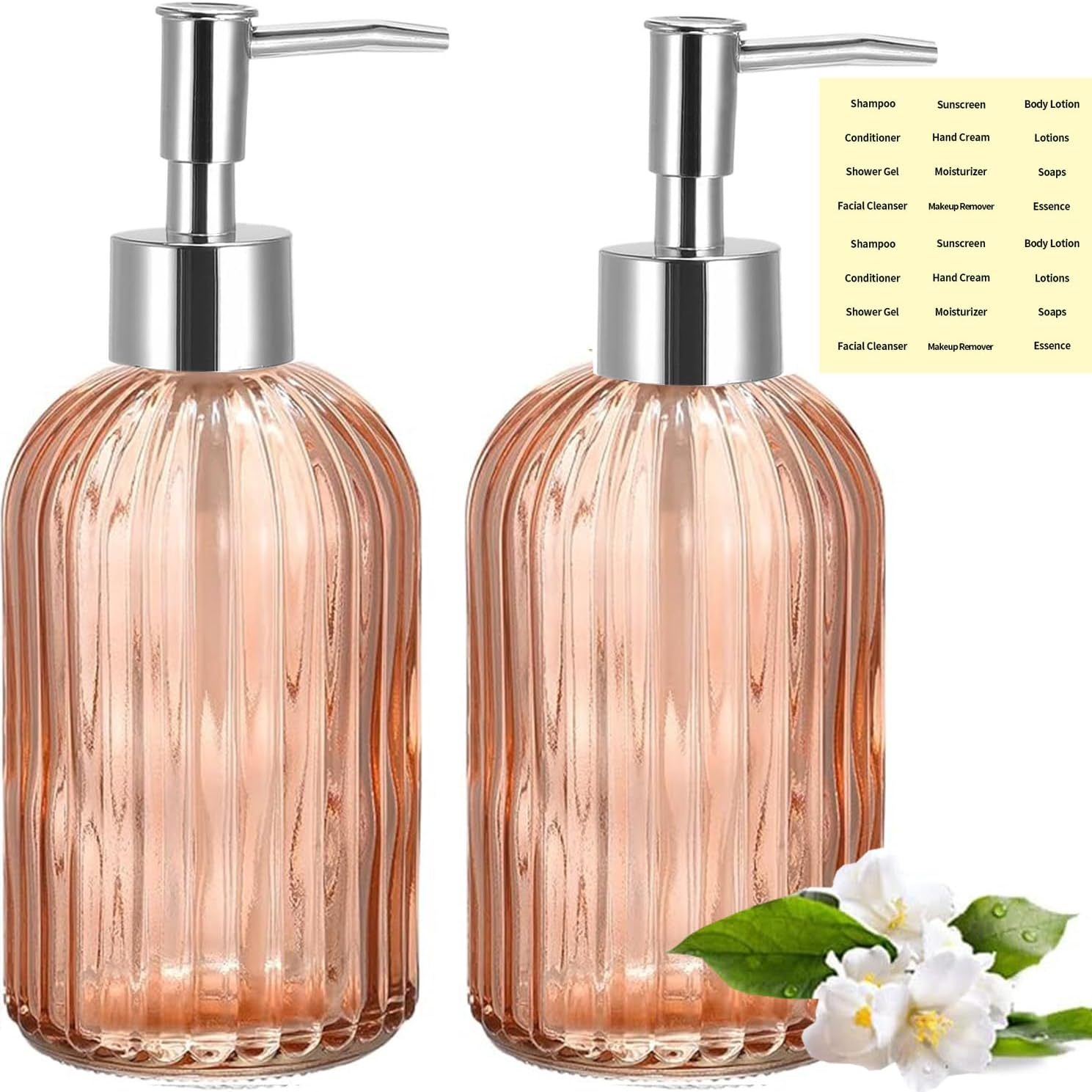 Clear Glass Soap Dispenser (2 Pack 400ML) Refillable Hand Soap Dispenser Vertical - Stripe Bathroom & Kitchen Dispensing Containers (Yellow) image number 5