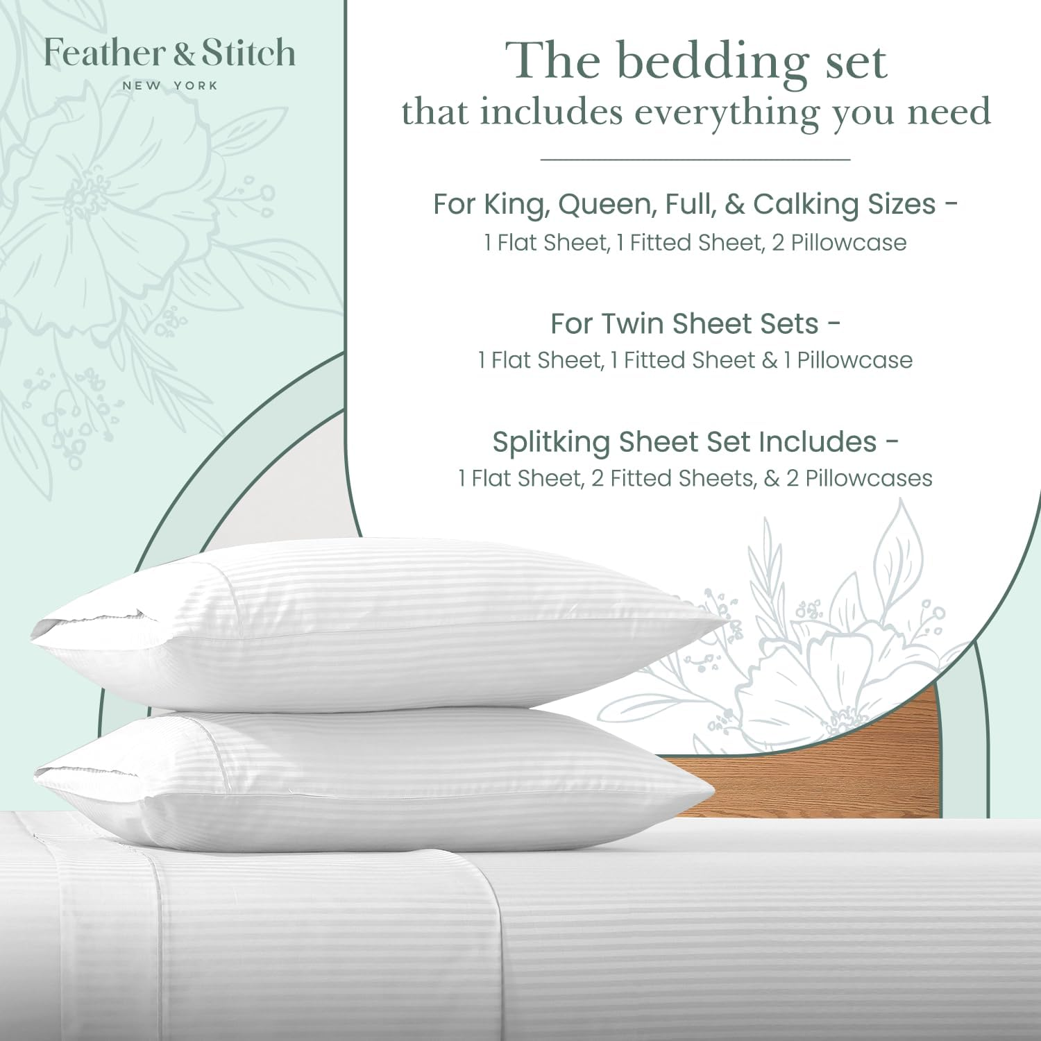 Feather & Stitch King Size Damask Bed Sheets|100% Soft Cotton Breathable Bedsheet Set of 4|18" Deep Pockets 500 TC Sateen Weave Striped Bedding Mattress Resort Hotel Luxury Decor|White image number 6
