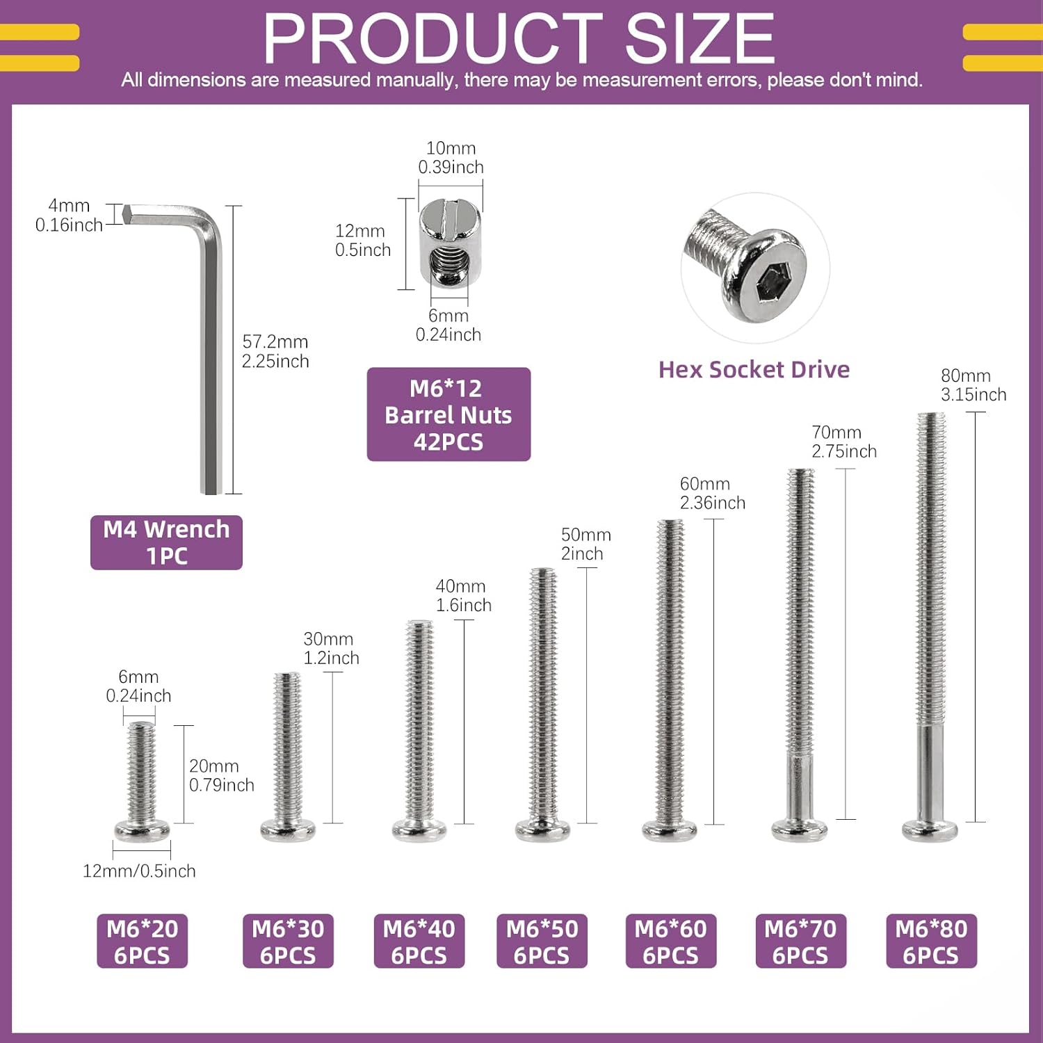 Swpeet 85Pcs M6 20/30/40/50/60/70/80Mm Nickel Plated Screws Kit, Hex Socket Head Cap Crib Baby Bed Bolt and Barrel Nuts with 1Pc Allen Wrench Perfect for Furniture, Cots, Hardware Crib Screws image number 2