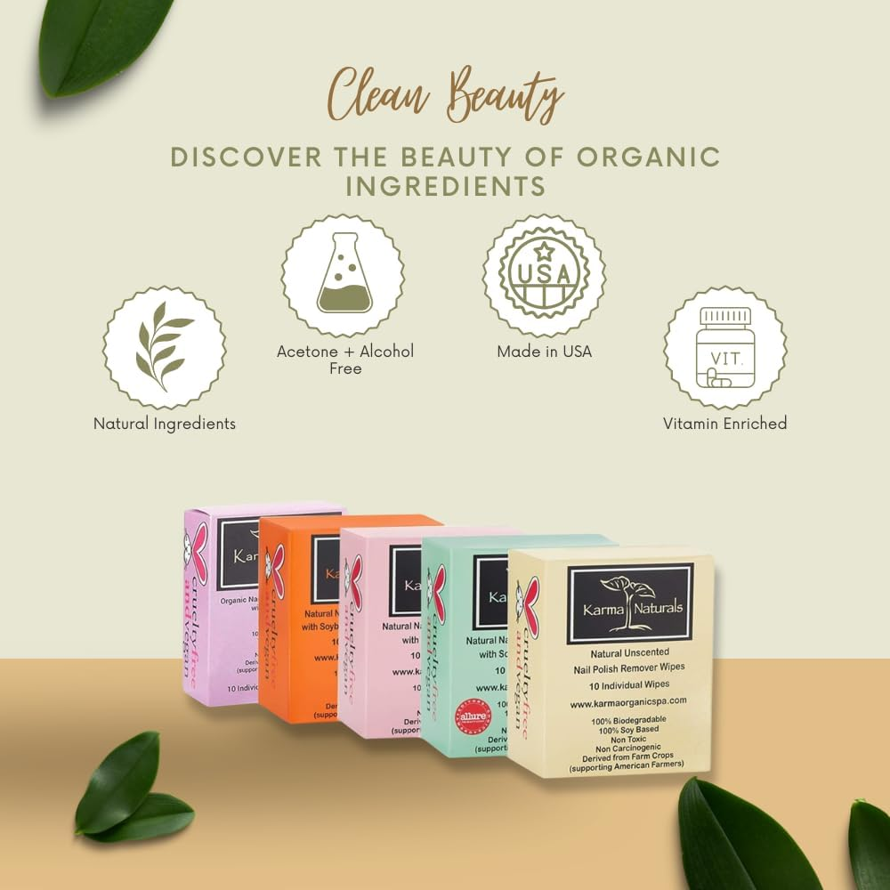 Karma Unscented Nail Polish Remover Wipes; Non-Toxic, Vegan, Cruelty-Free &ndash; Pack of 10