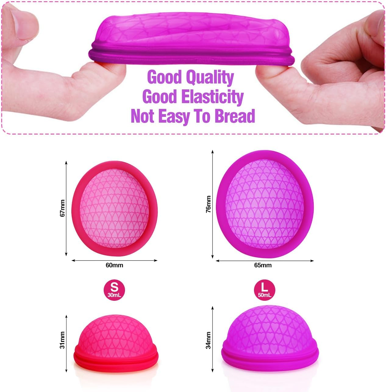 Menstrual Cups,2 Pcs Thin Fit Menstrual Disc,Large Capacity Menstrual Cup Wear for 12 Hours,Period Disc with Medical Grade Silicone,Reusable Menstrual Flow Cup for Women Periods(Pink S+Purple L) image number 5