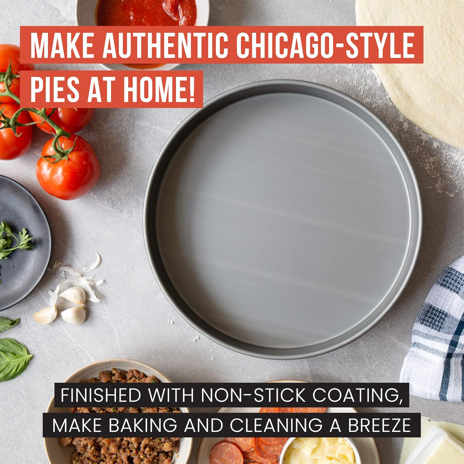 Chef Pomodoro Chicago Deep Dish Pizza Pan 12 Inch, Hard Anodized Aluminum Pizza Pan for Oven, Pre-Seasoned Bakeware Kitchenware, Non-Stick round Pizza Pans (12-Inch) image number 1