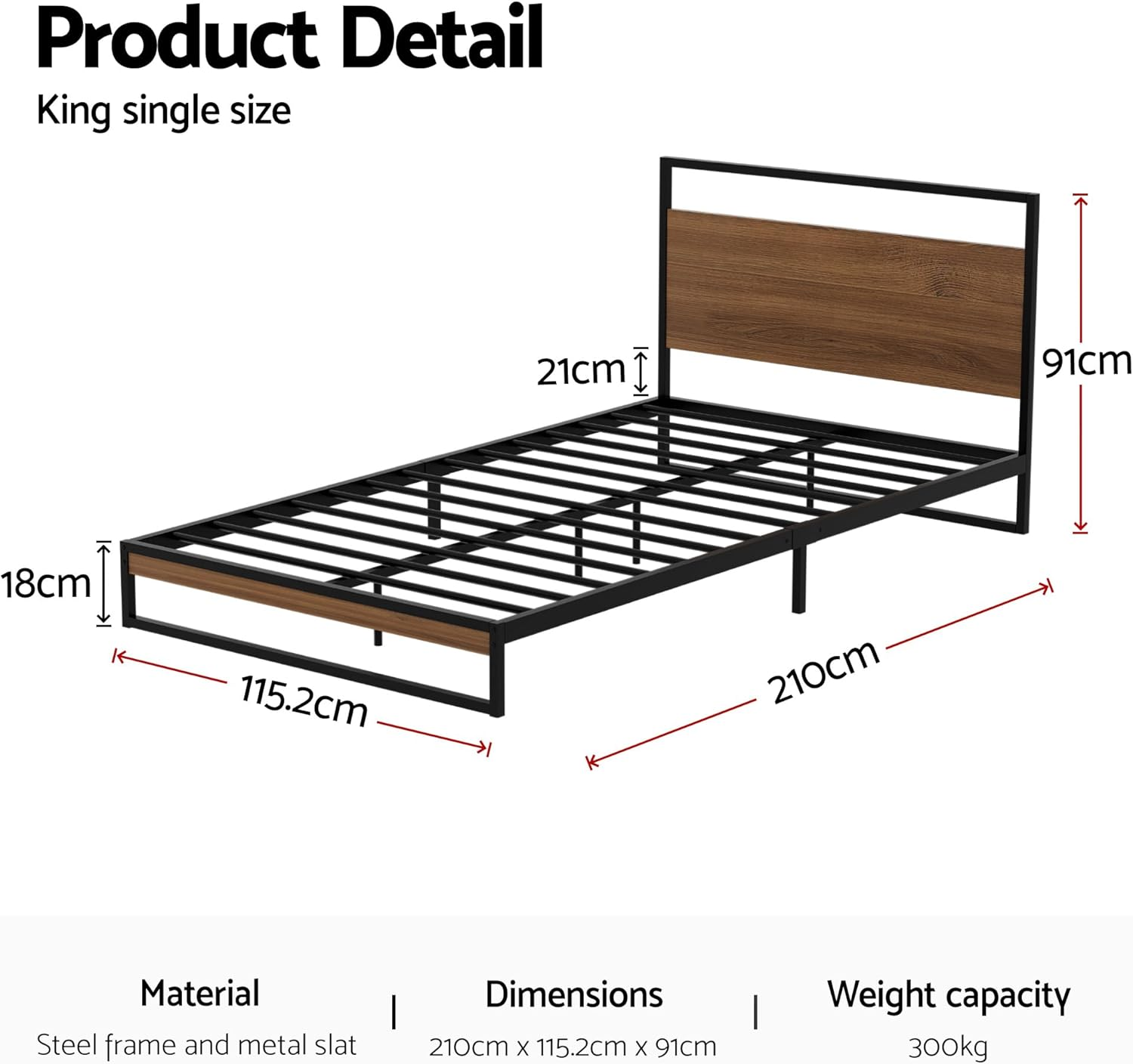 Artiss King Single Bed Frame Metal Bed Base with Headboard Metal Slats,Under Bed Storage Home Bedroom Furniture Black image number 3